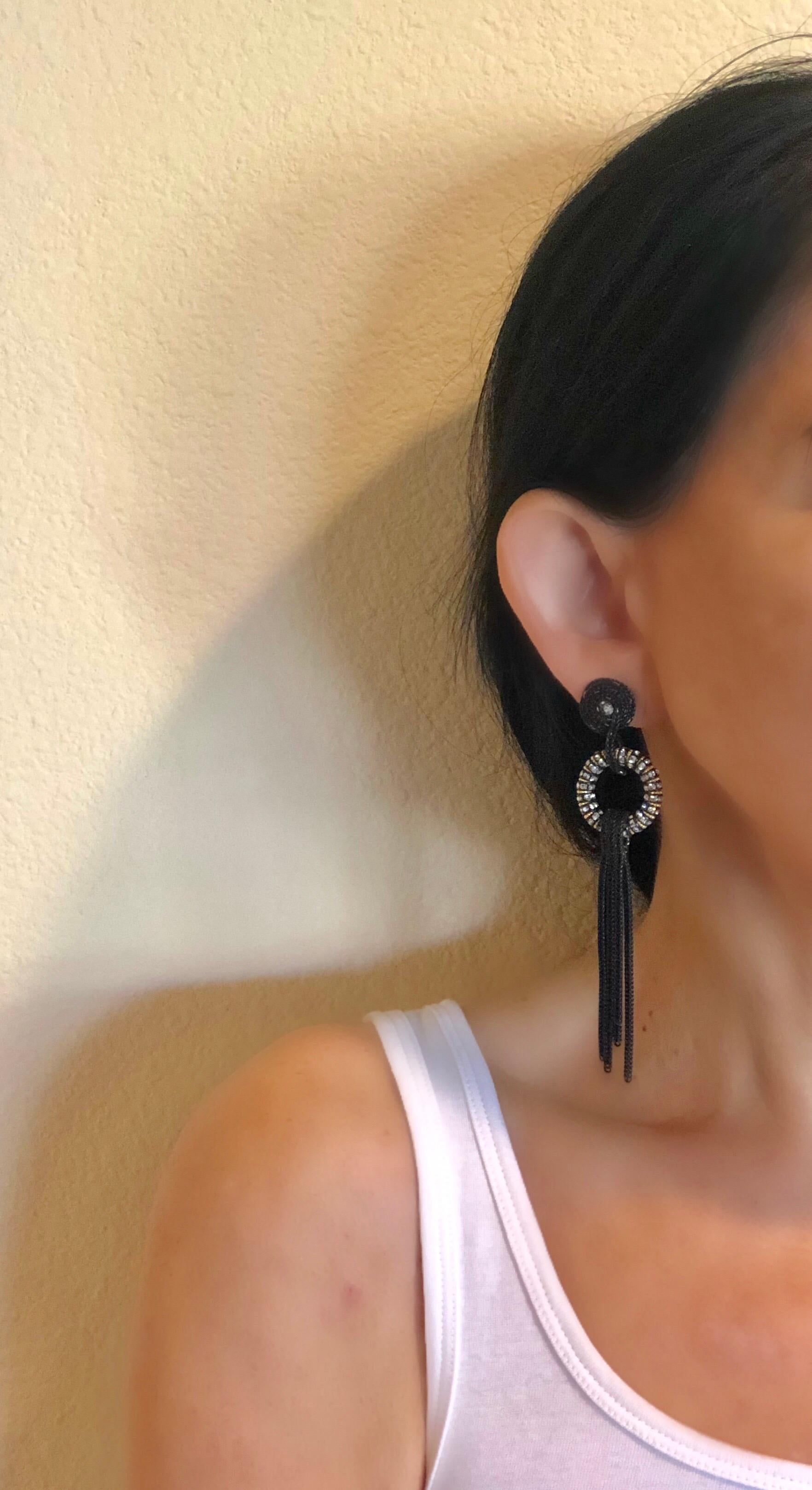 Contemporary Black Tassel Diamanté Statement Earrings 