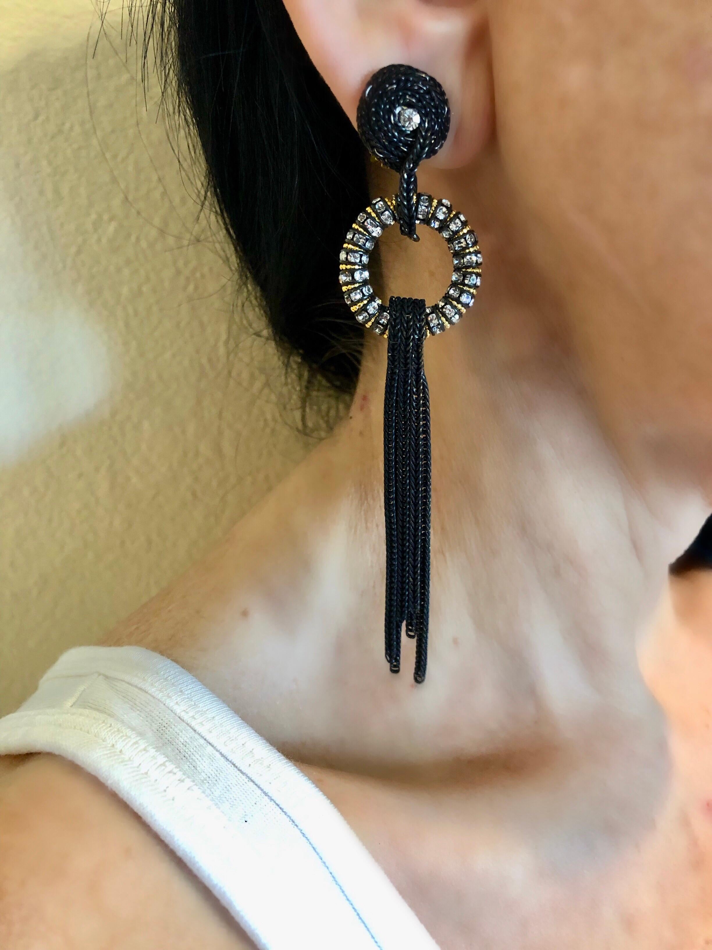 Black Tassel Diamanté Statement Earrings  In Excellent Condition In Palm Springs, CA