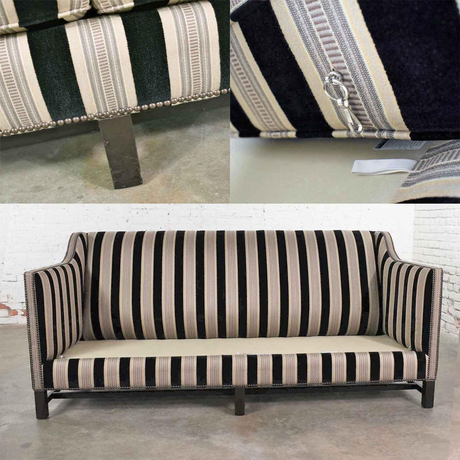 Black & Taupe Stripe Tuxedo Sloped Arm Sofa by Bernhardt Interiors w/ Nail Heads 2