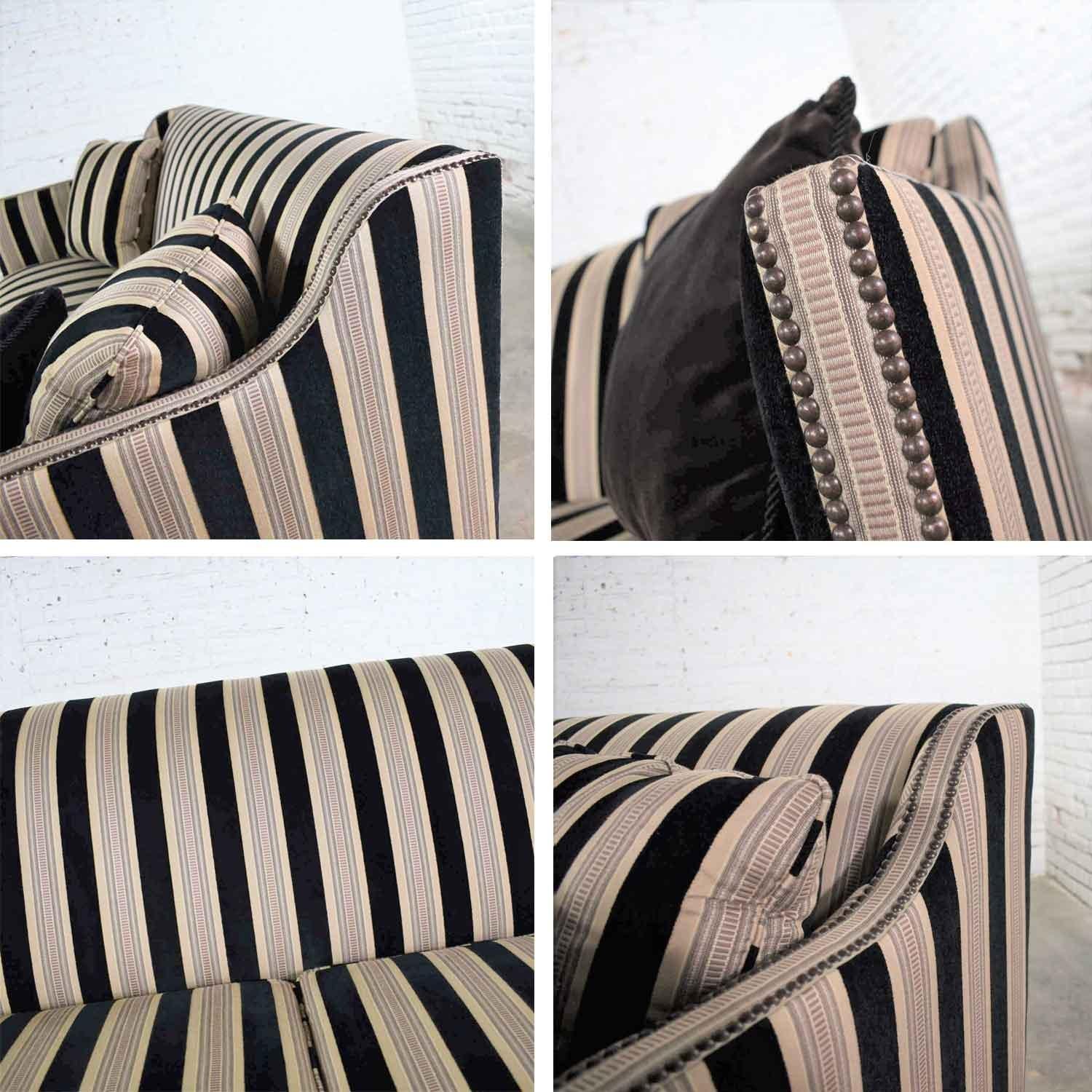 Black & Taupe Stripe Tuxedo Sloped Arm Sofa by Bernhardt Interiors w/ Nail Heads 3