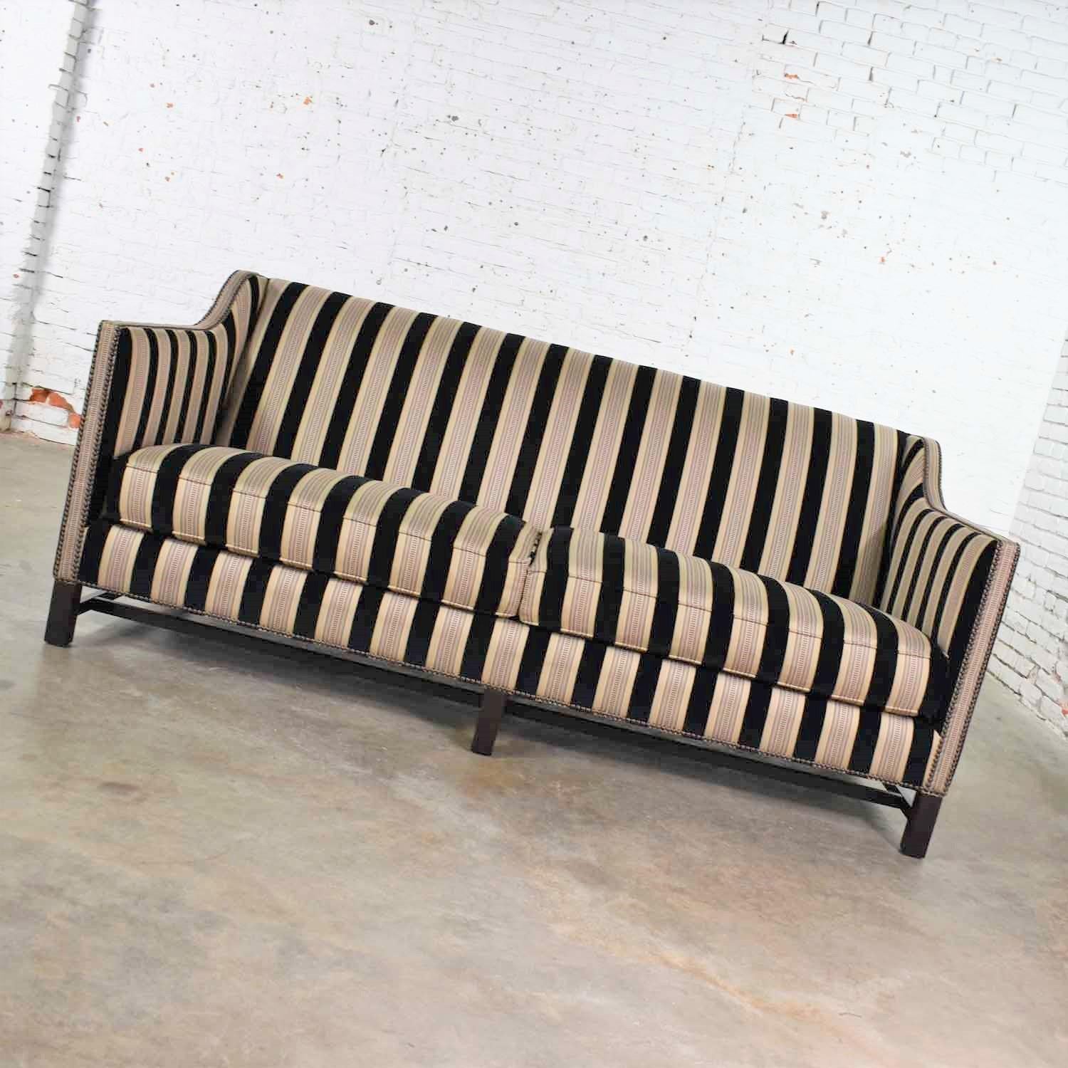 Modern Black & Taupe Stripe Tuxedo Sloped Arm Sofa by Bernhardt Interiors w/ Nail Heads