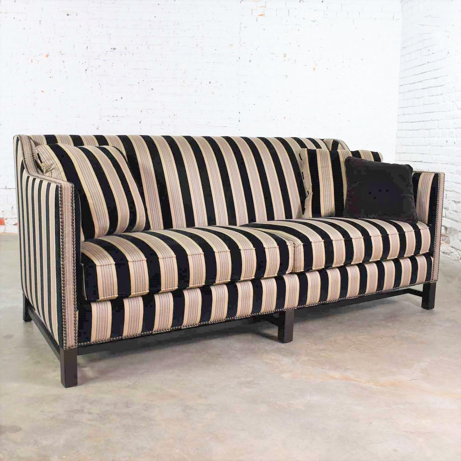 American Black & Taupe Stripe Tuxedo Sloped Arm Sofa by Bernhardt Interiors w/ Nail Heads