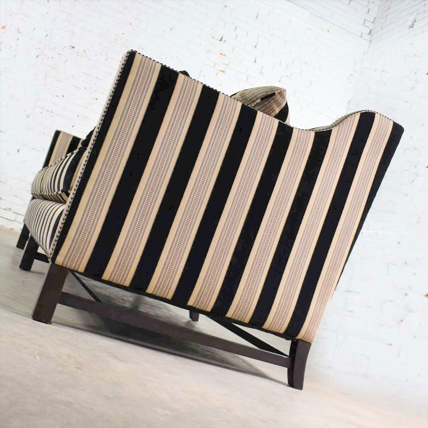 Contemporary Black & Taupe Stripe Tuxedo Sloped Arm Sofa by Bernhardt Interiors w/ Nail Heads