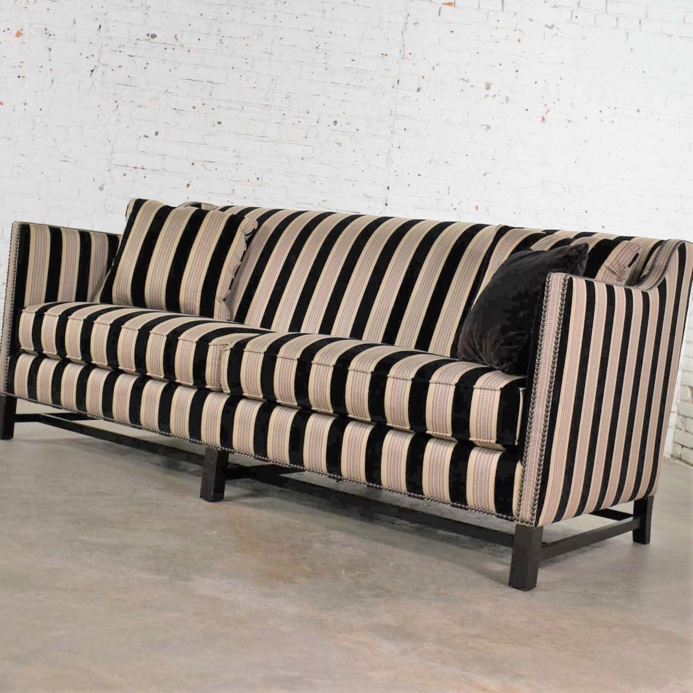 Fabric Black & Taupe Stripe Tuxedo Sloped Arm Sofa by Bernhardt Interiors w/ Nail Heads