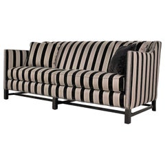 Black & Taupe Stripe Tuxedo Sloped Arm Sofa by Bernhardt Interiors w/ Nail Heads
