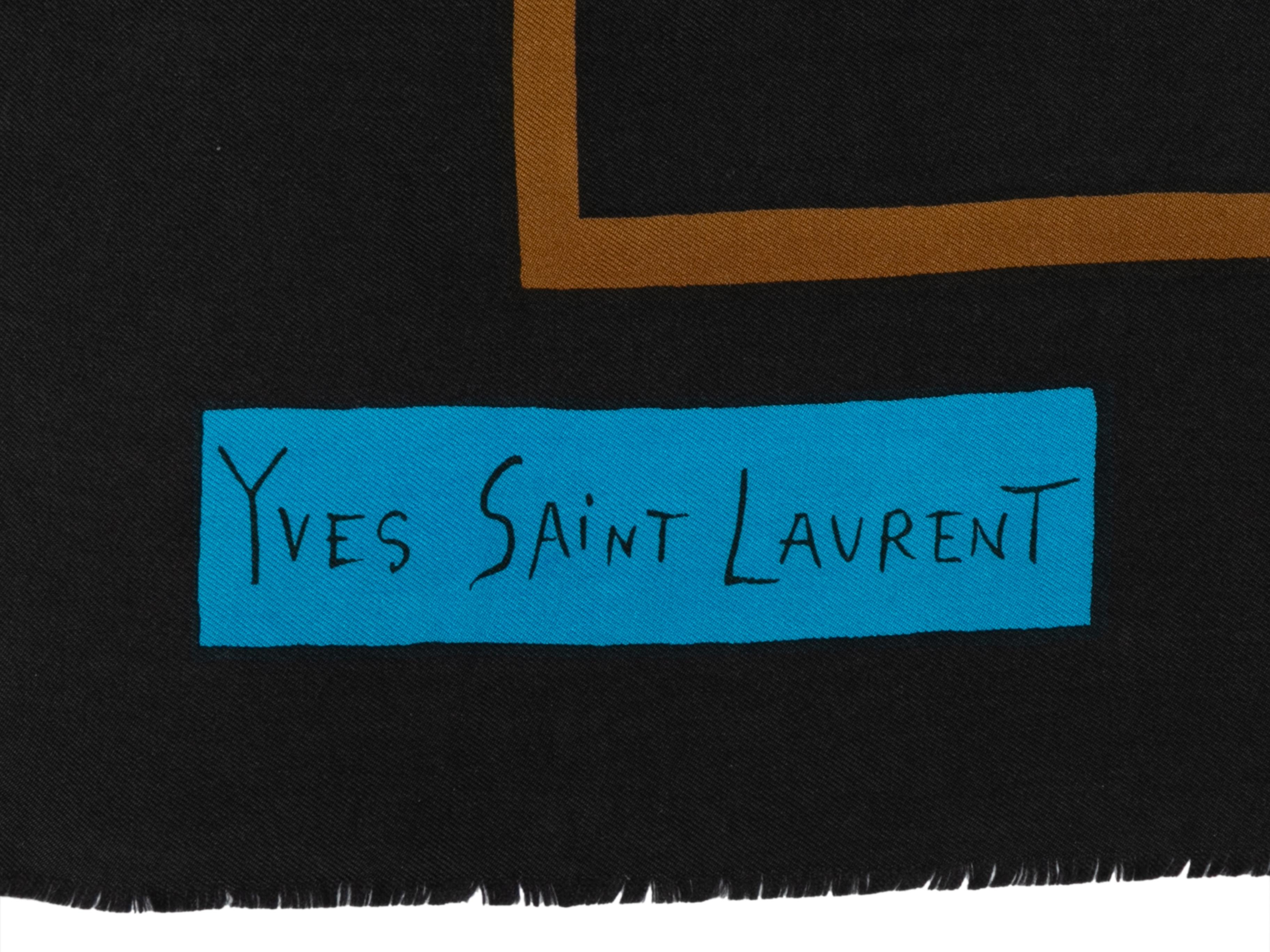Black and teal geometric print silk scarf by Yves Saint Laurent. 34