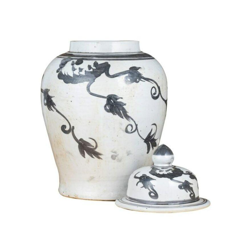 Chinese Chippendale Black Temple Jar Vine Motif For Sale