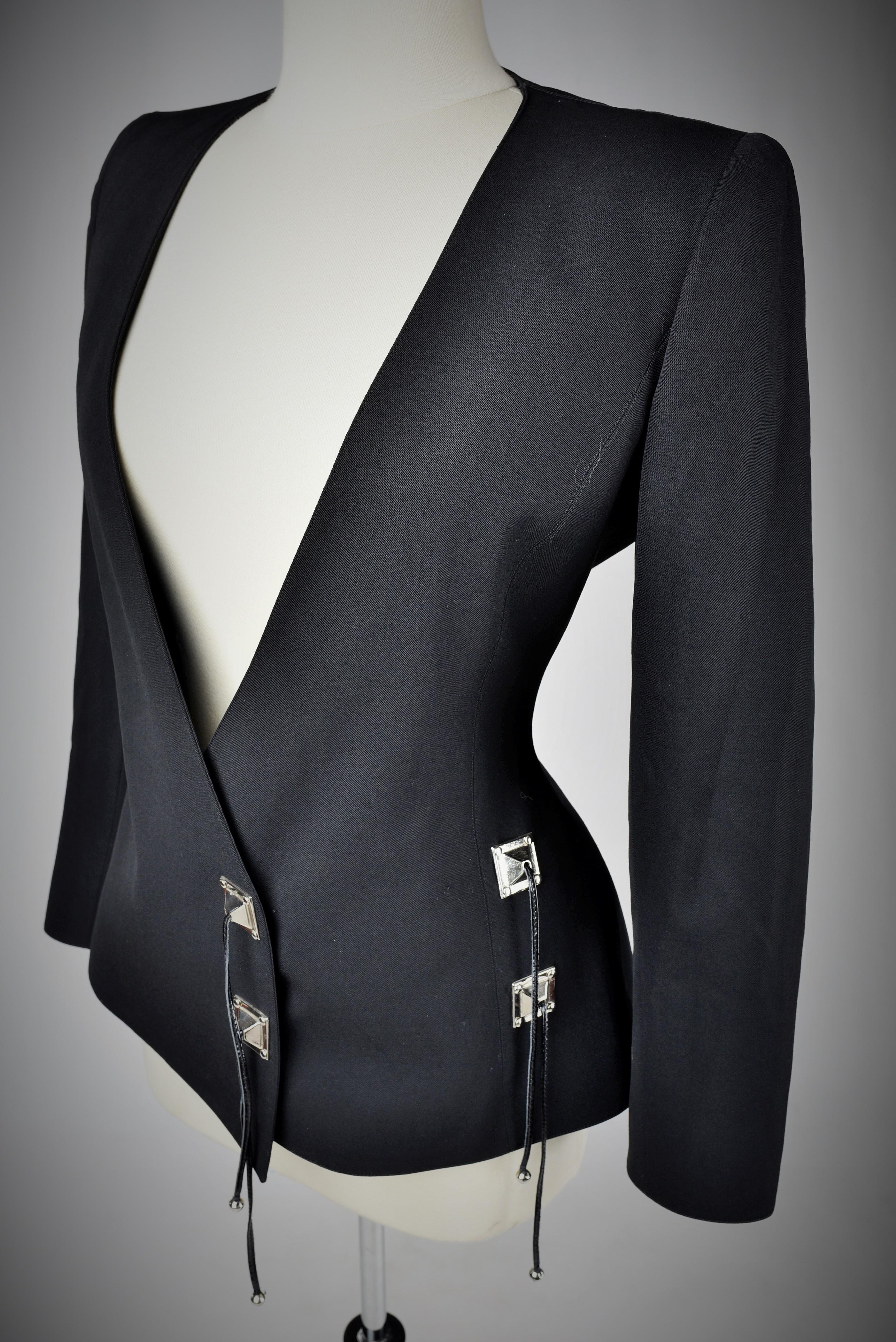 Black Tergal Tuxedo Jacket by Claude Montana Circa 1990 For Sale 3