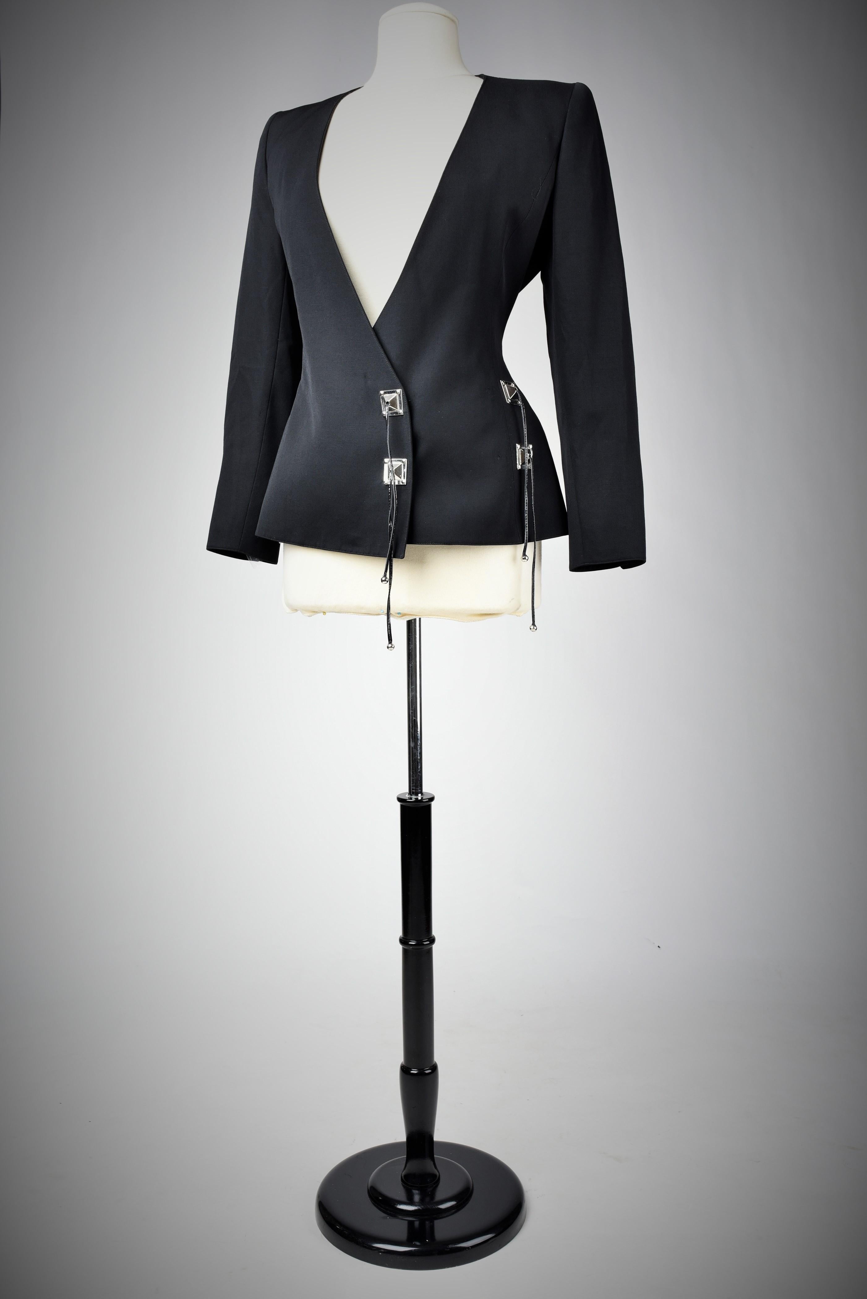 Women's Black Tergal Tuxedo Jacket by Claude Montana Circa 1990 For Sale