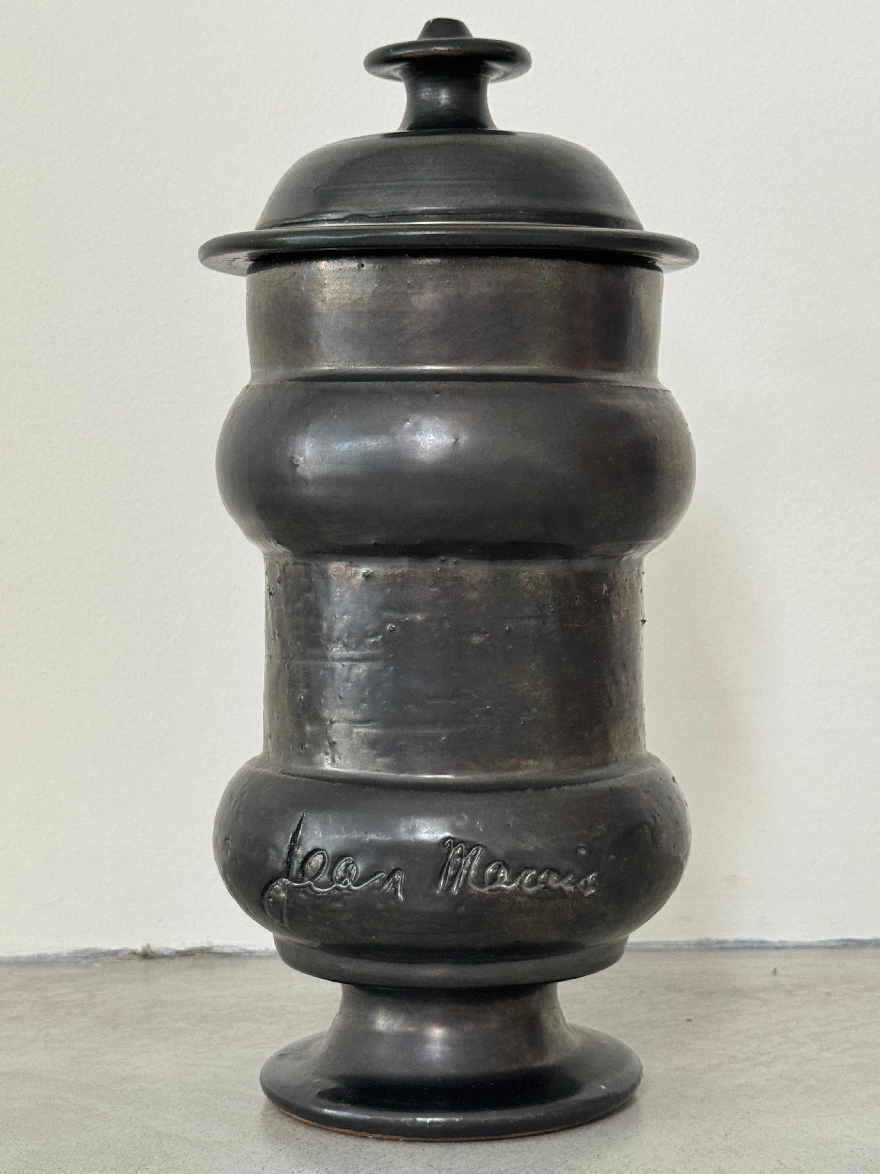 French Black terracotta pot signed Jean Marais in Vallauris, France circa 1970s For Sale
