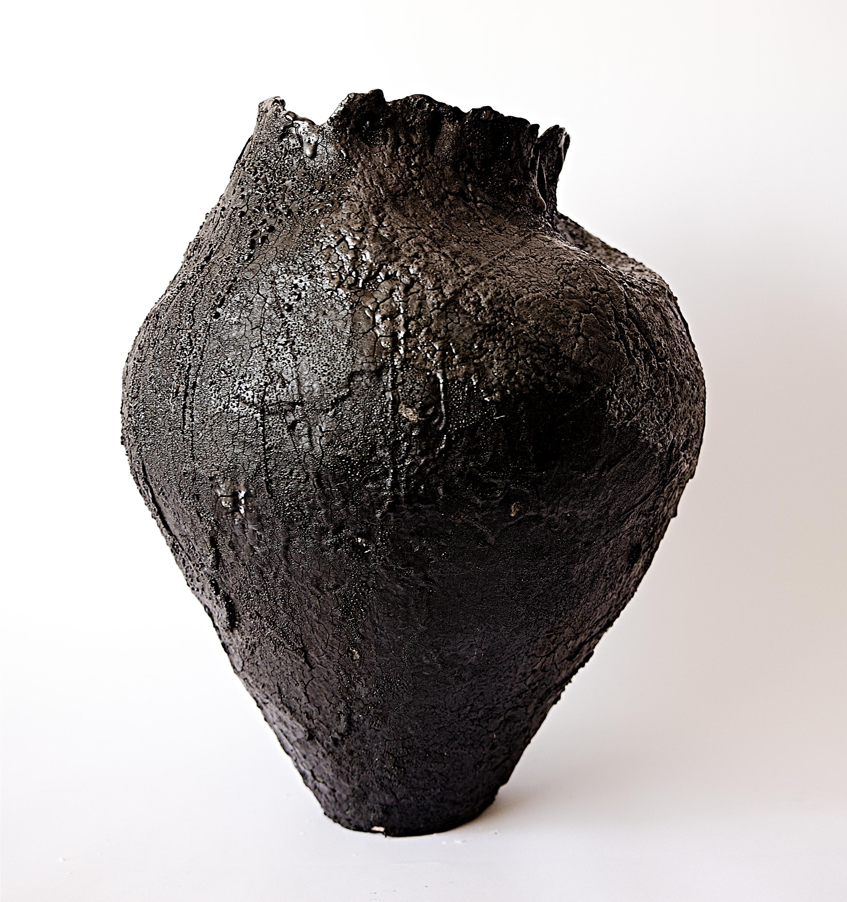 Organic Modern Black Textured  Free Form Hand Made Vase II For Sale