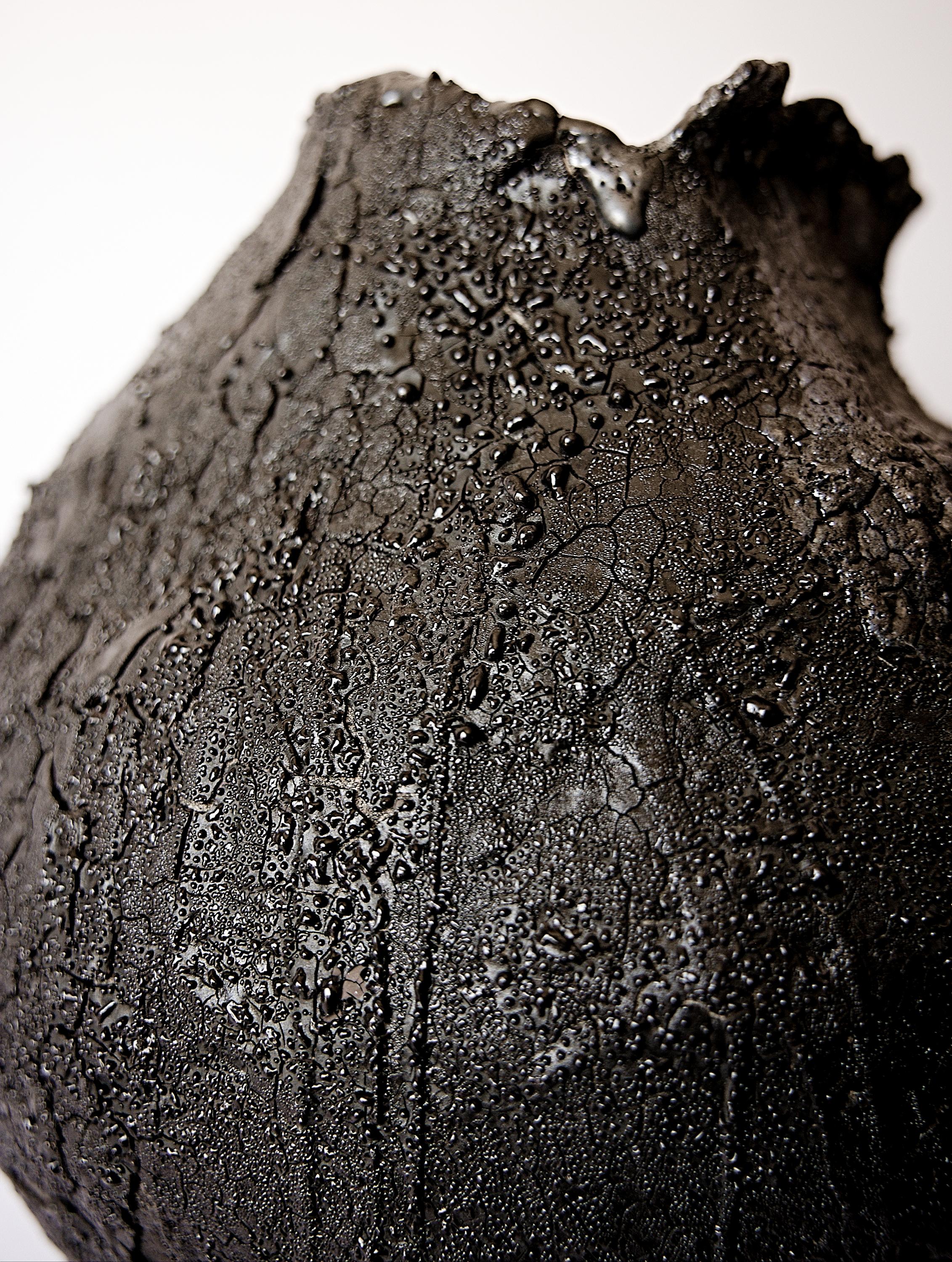 Glazed Black Textured  Free Form Hand Made Vase II For Sale