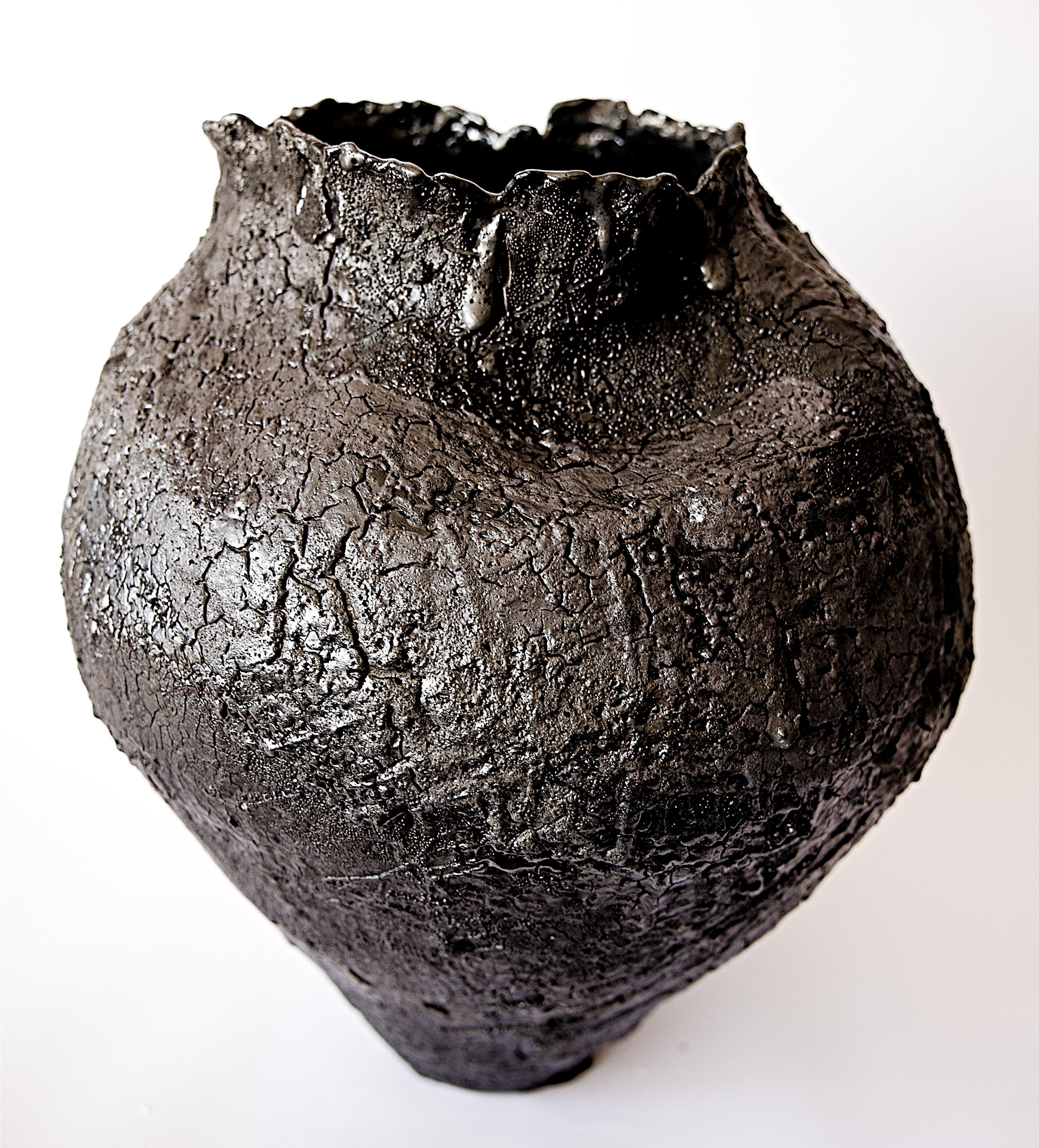 Ceramic Black Textured  Free Form Hand Made Vase II For Sale