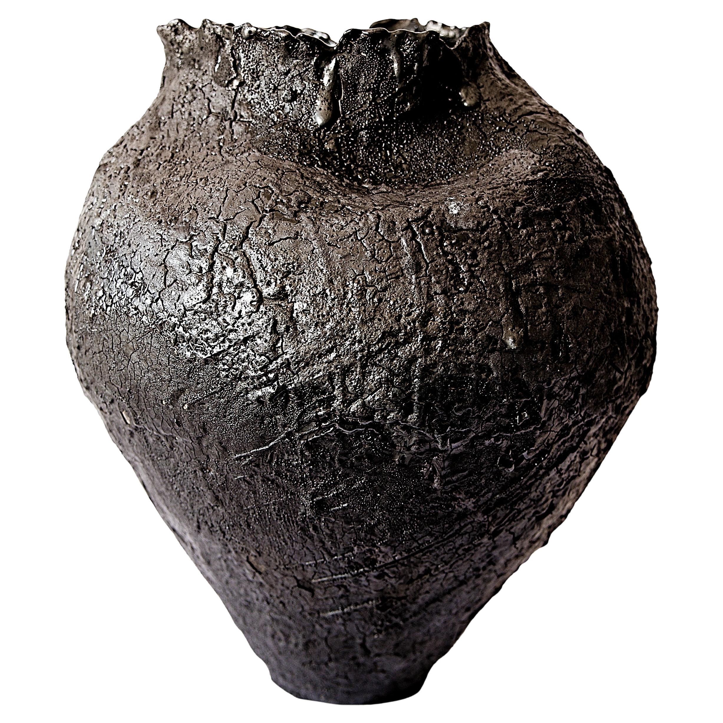 Black Textured  Free Form Hand Made Vase II For Sale