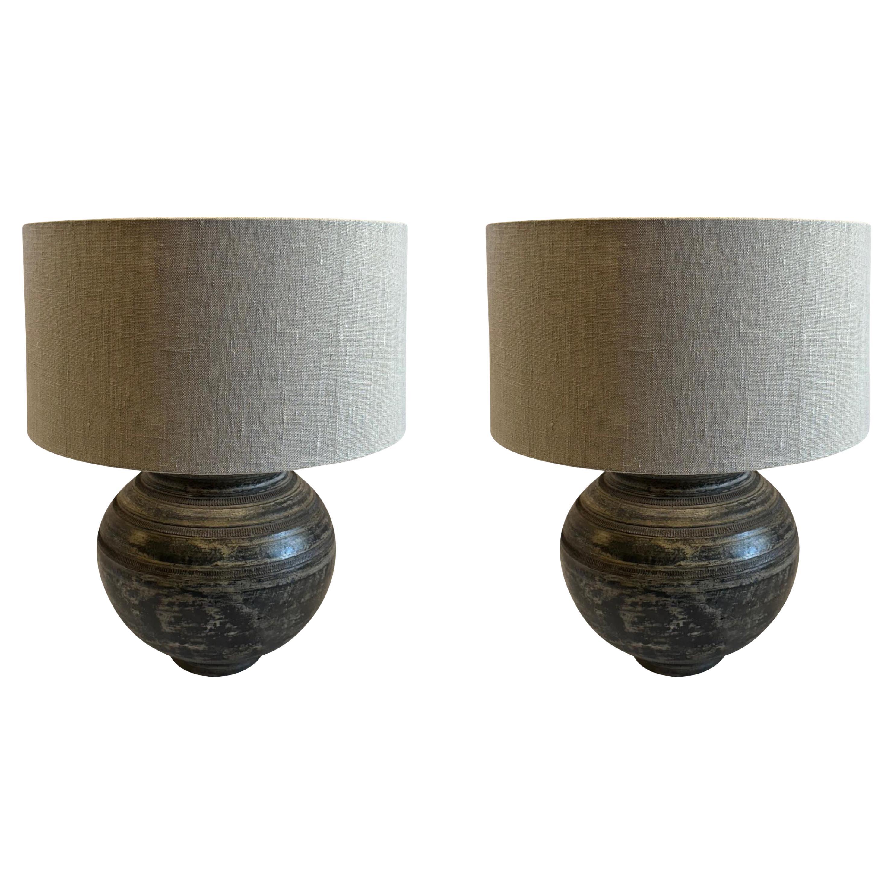 Black Textured Mottled Ceramic Pair Lamps, China, Contemporary For Sale