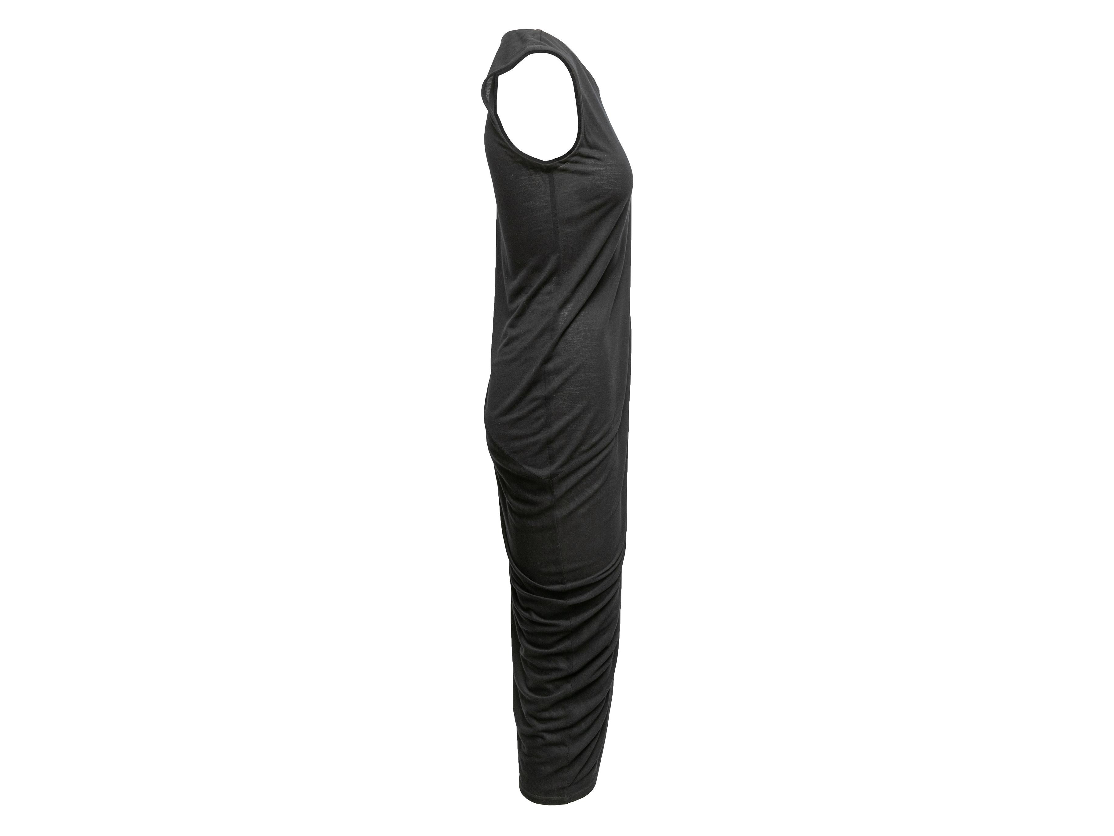 Black semi-sheer ruched sleeveless maxi dress by The Row. Crew neck. 37