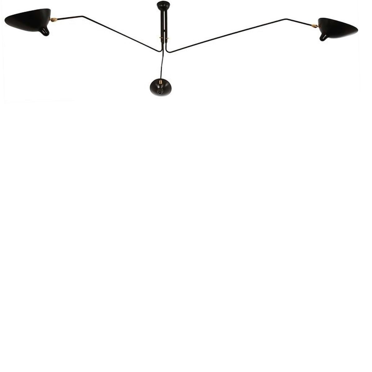 Three-arm adjustable ceiling lamp in black lacquered aluminum and steel with brass ball joints by Serge Mouille. Signed. French, circa 1980.