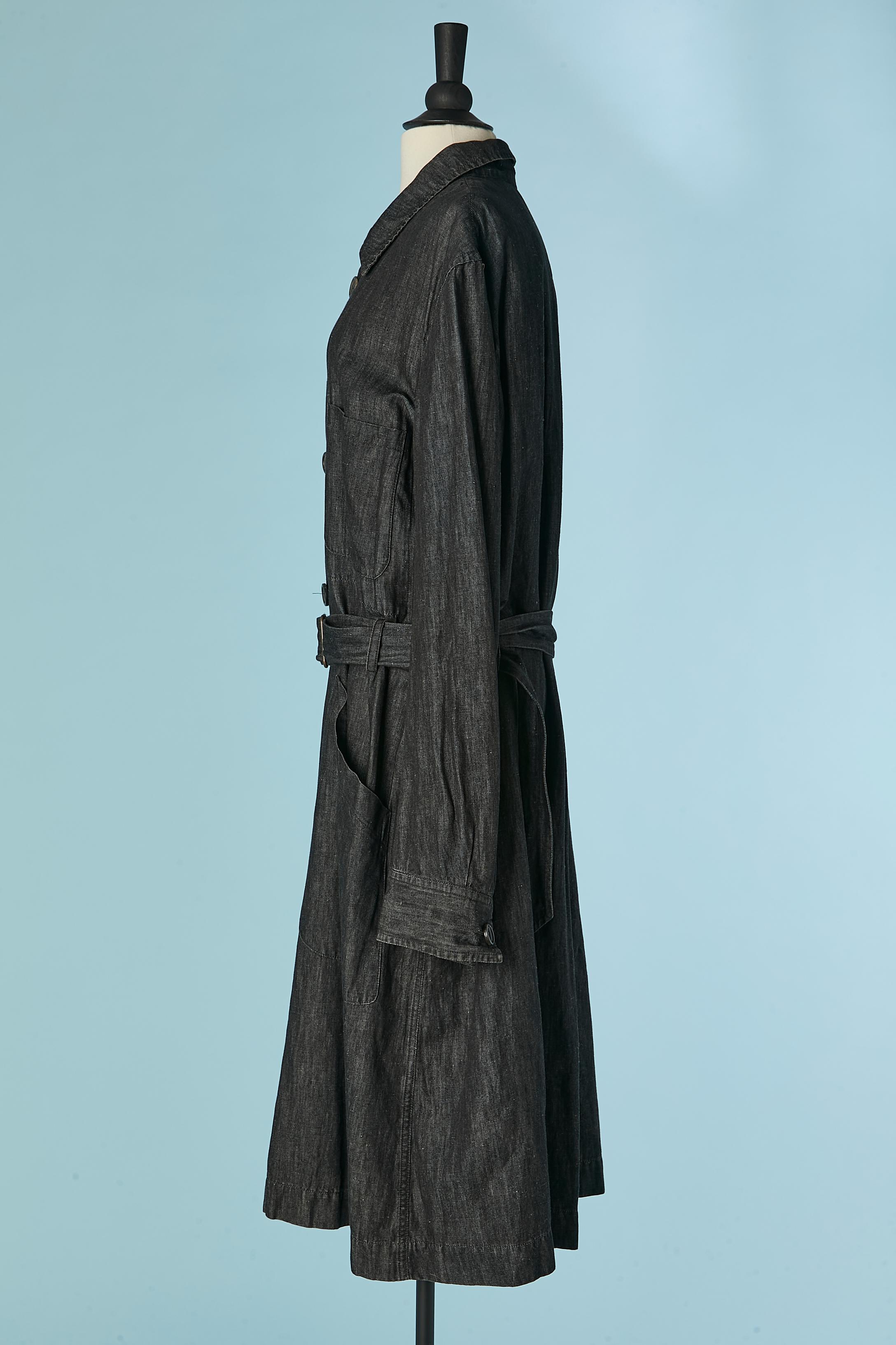 Cappotto monopetto in denim sottile nero con cintura Yves Saint Laurent Rive Gauche in vendita 1