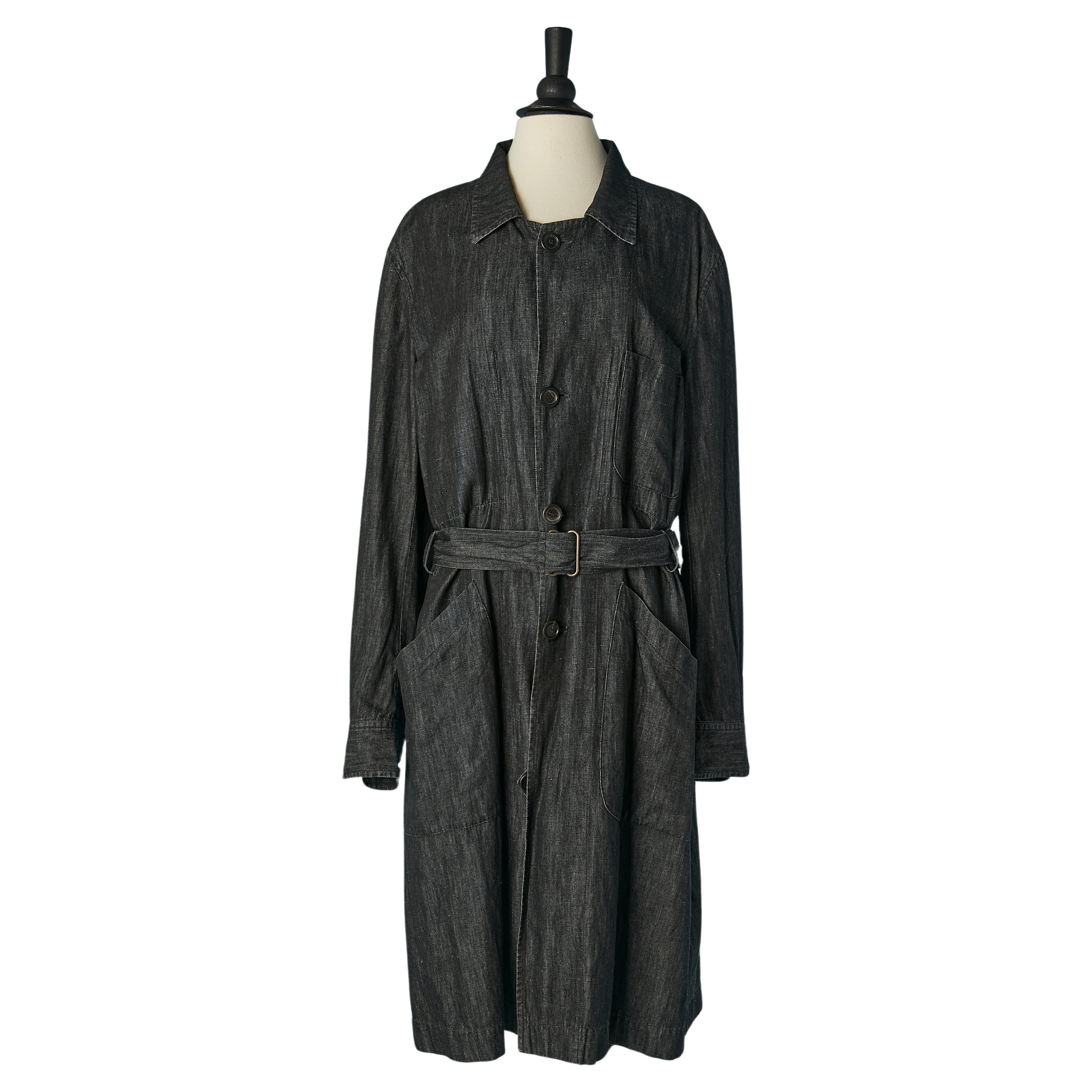 Cappotto monopetto in denim sottile nero con cintura Yves Saint Laurent Rive Gauche in vendita