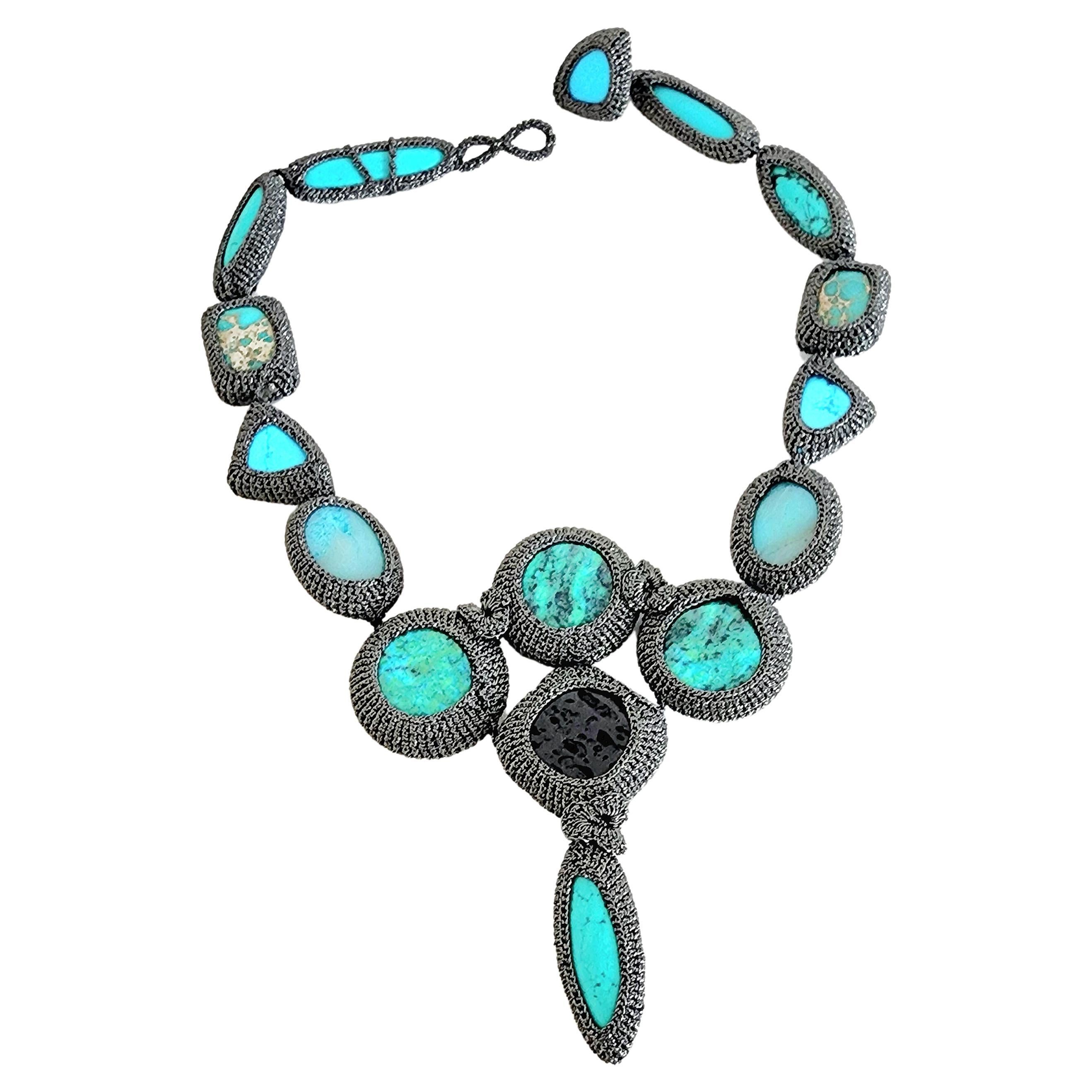 Black Thread Crochet One of a Kind Necklace Turquoise Lava Amazonite  For Sale