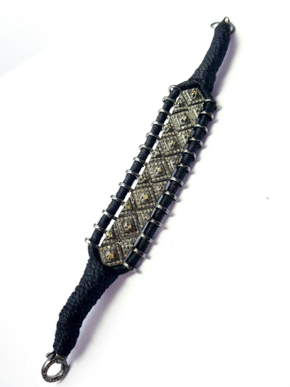 Women's or Men's Black Thread Macrame Rosecut Diamond Bracelet 925 Sterling Silver Handmade Gift For Sale