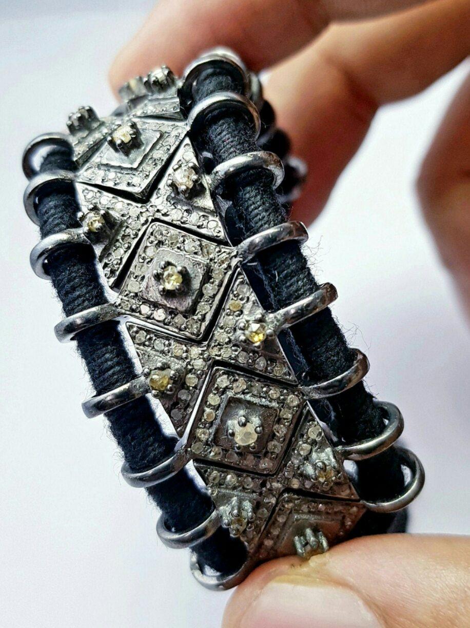 Women's or Men's Black Thread Macrame Rosecut Diamond Bracelet 925 Sterling Silver Handmade Gift For Sale