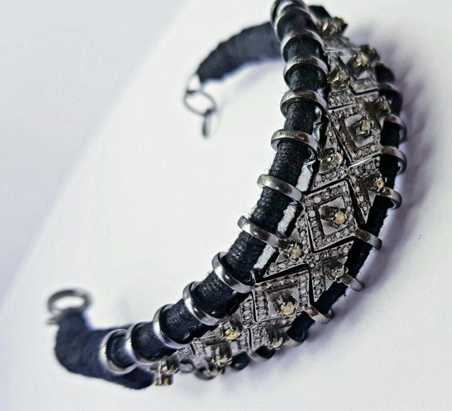 Black Thread Macrame Rosecut Diamond Bracelet 925 Sterling Silver Handmade Gift For Sale 1