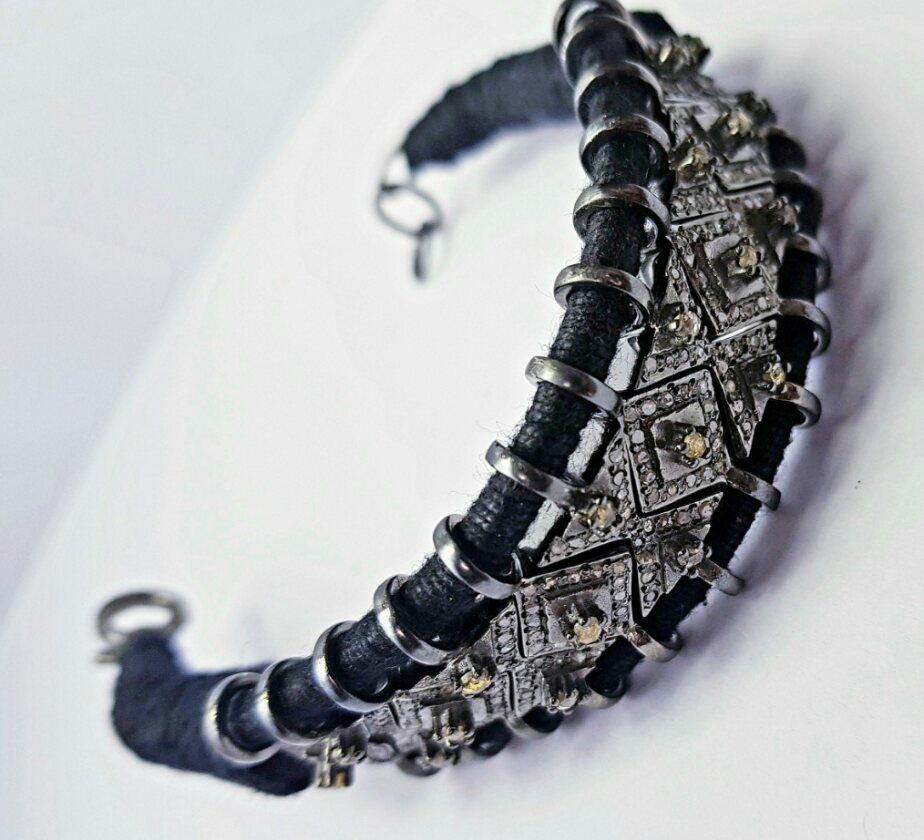 Art Deco Black Thread Macrame Rosecut Diamond Bracelet 925 Sterling Silver Handmade Gift For Sale