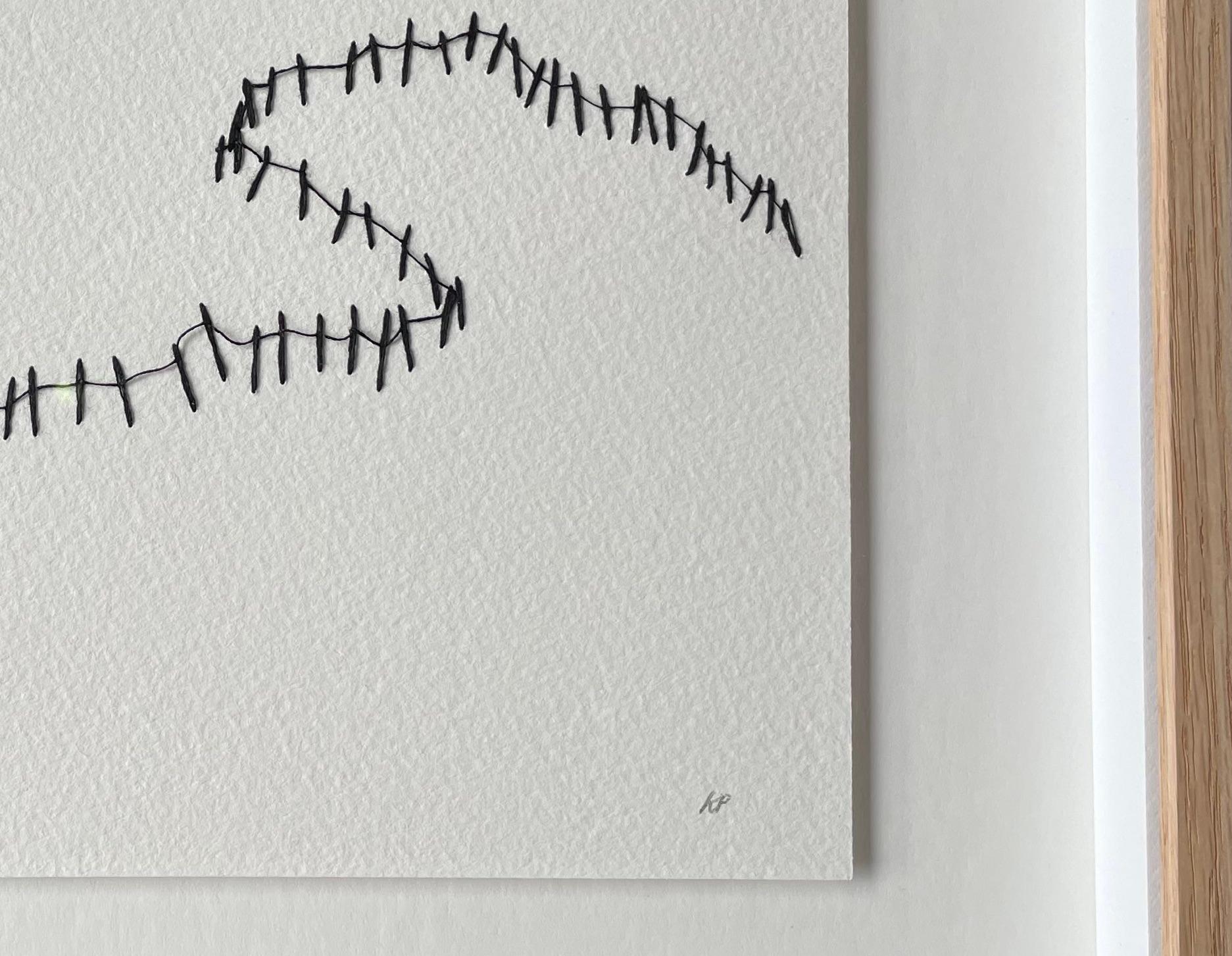 Contemporary French artist Krystyna Pieter uses black thread to create a fence design on white background.
Sits well with P1526.
Framed in bleached oak.
Signed by the artist.
