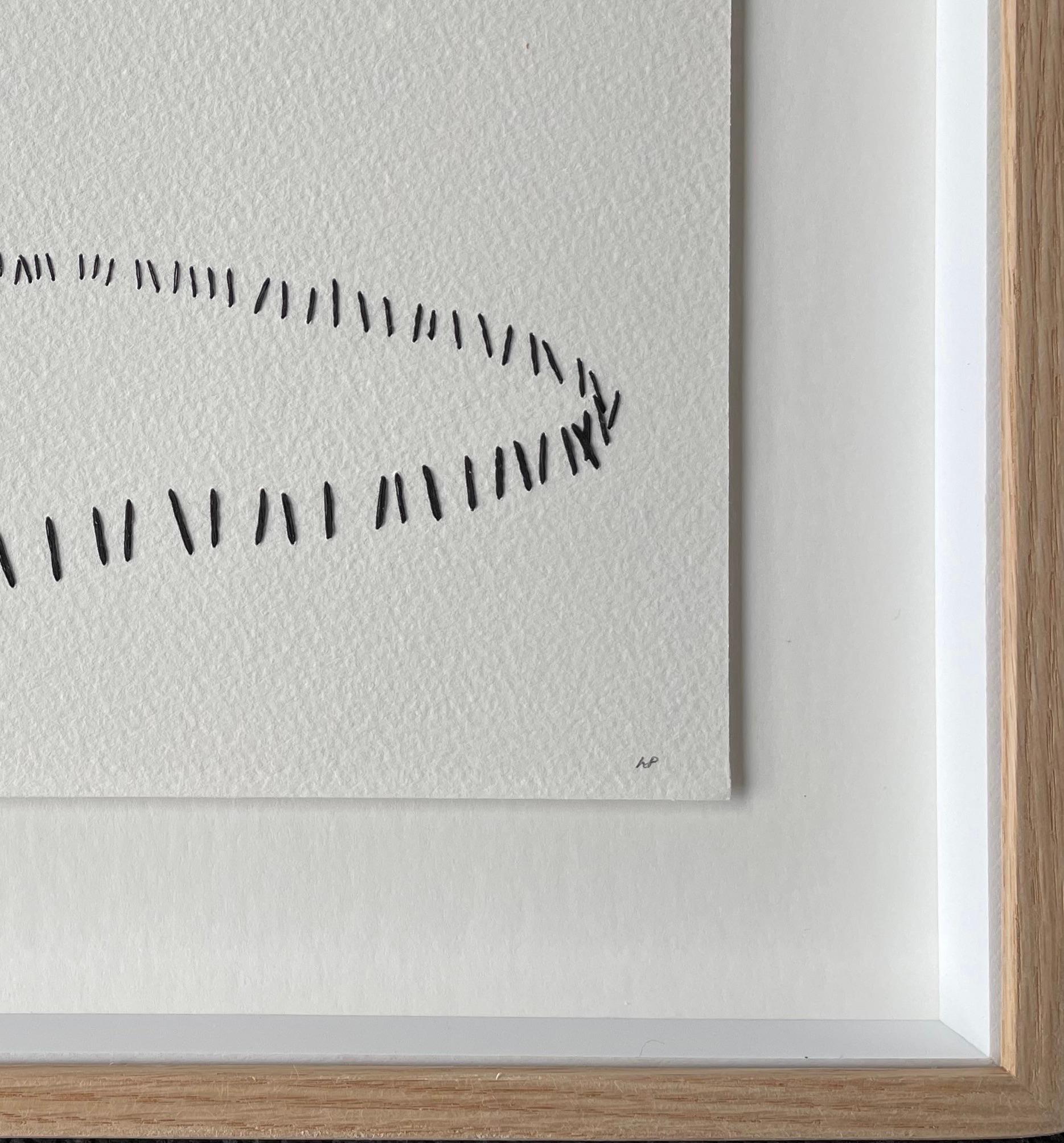 Contemporary French artist Krystyna Pieter uses black thread to create a fence design on white background.
Sits well with P1525.
Framed in bleached oak.
Signed by the artist.