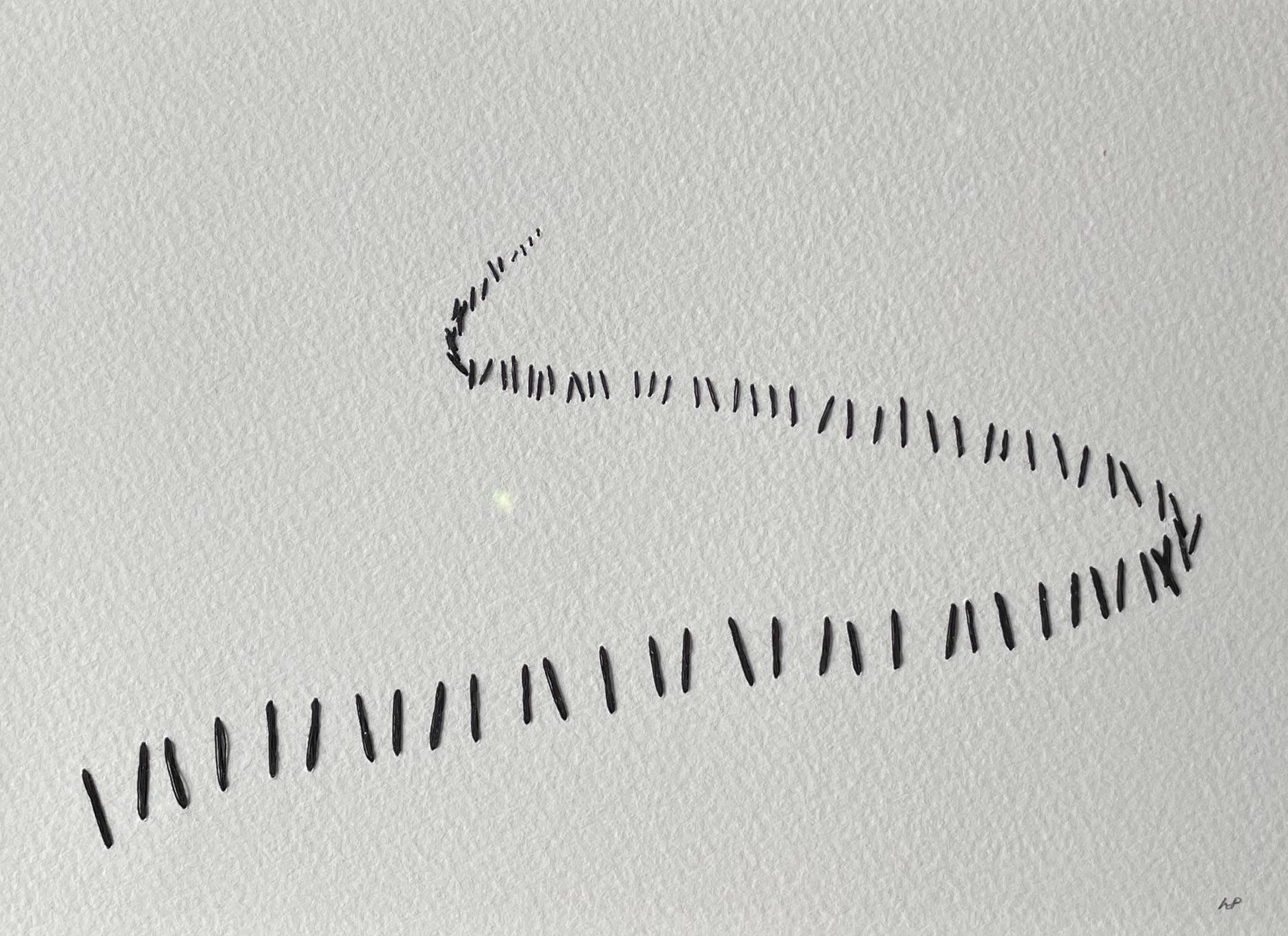 Schwarzer Faden auf weißem Grund Zaun-Design-Kunstwerk von Krystyna Pieter, England (Englisch)