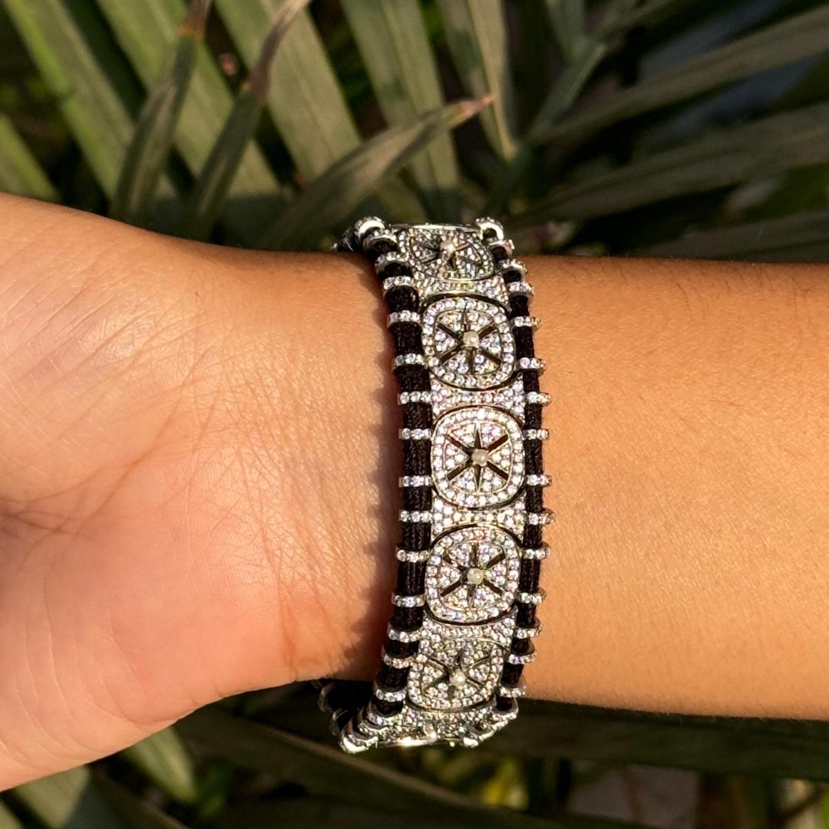 Black Thread Prong Rhinestone Macrame Retro Bracelet in sterling silver. You shall need statement thread bracelet to make a statement with your look. Each piece features dazzling cubic zirconia stones, renowned for their brilliance and clarity, set