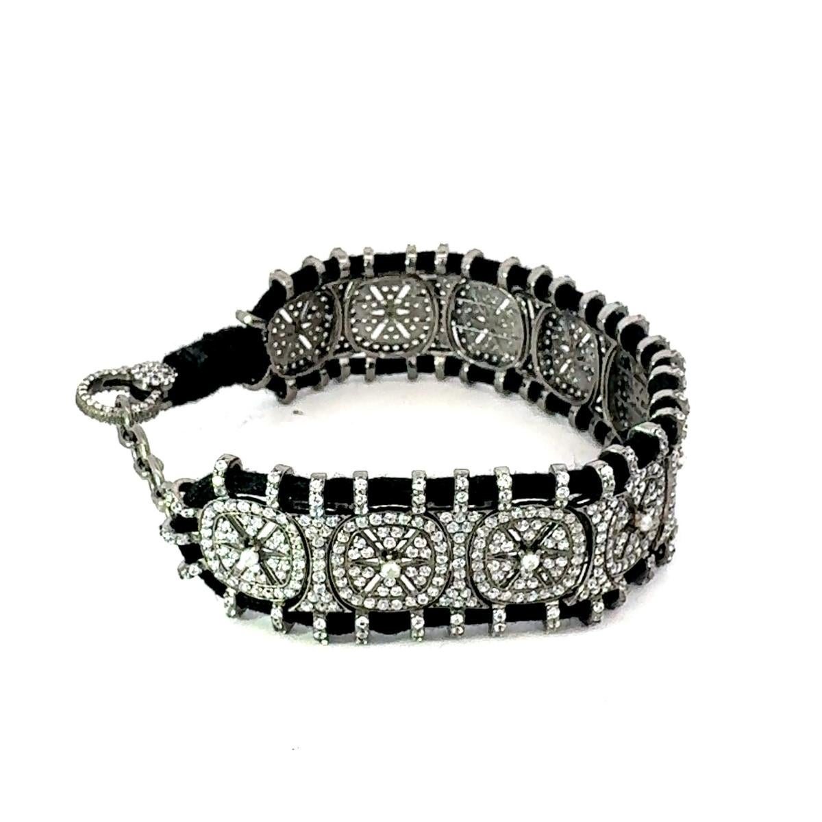 Art Deco Black Thread Prong Rhinestone Macrame Retro Bracelet Gift for Girlfriend For Sale