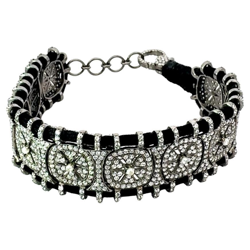 Black Thread Prong Rhinestone Macrame Retro Bracelet for Gift in Solid Silver