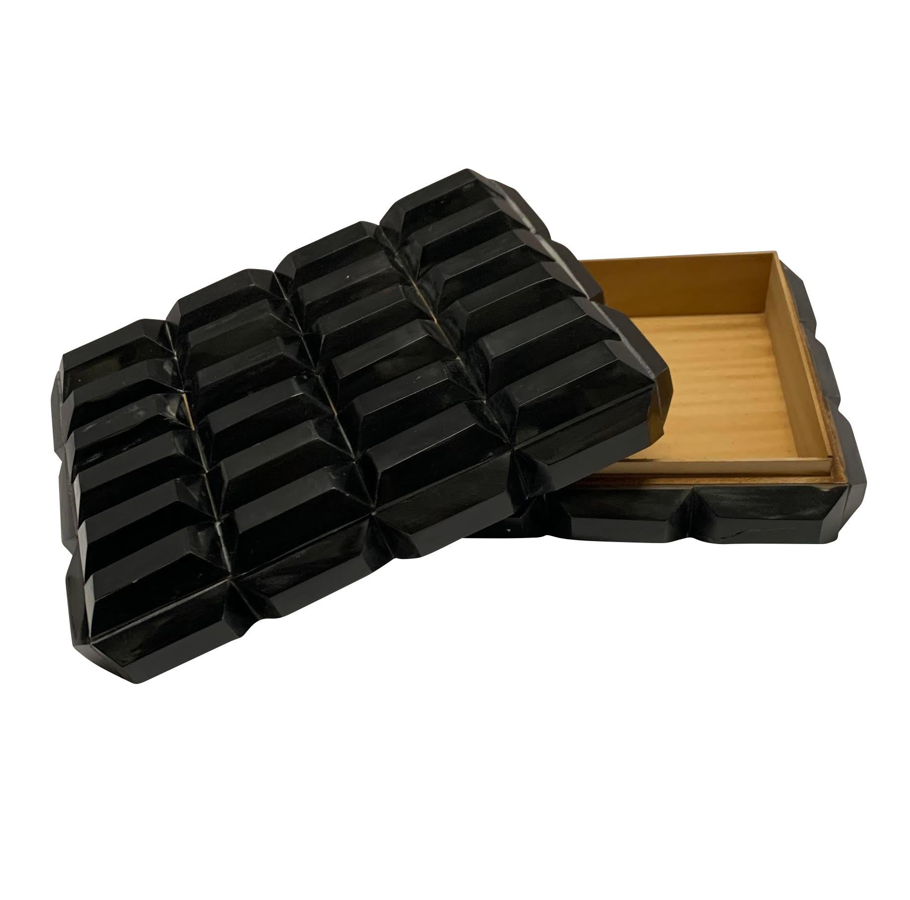 Contemporary Indian three dimensional design black colored lidded bone box.
Part of a large collection of bone boxes and trays.