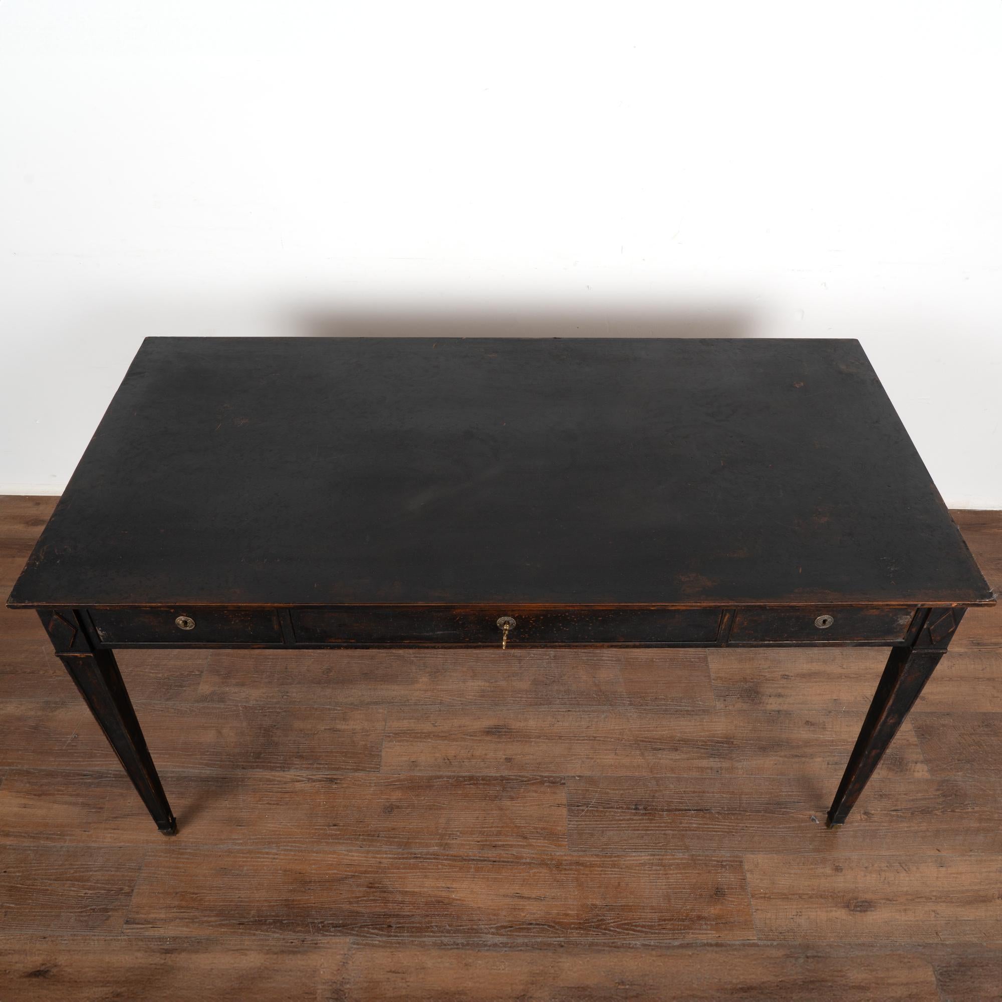 Black Three Drawer Desk Writing Table, Sweden circa 1860-80 In Good Condition In Round Top, TX