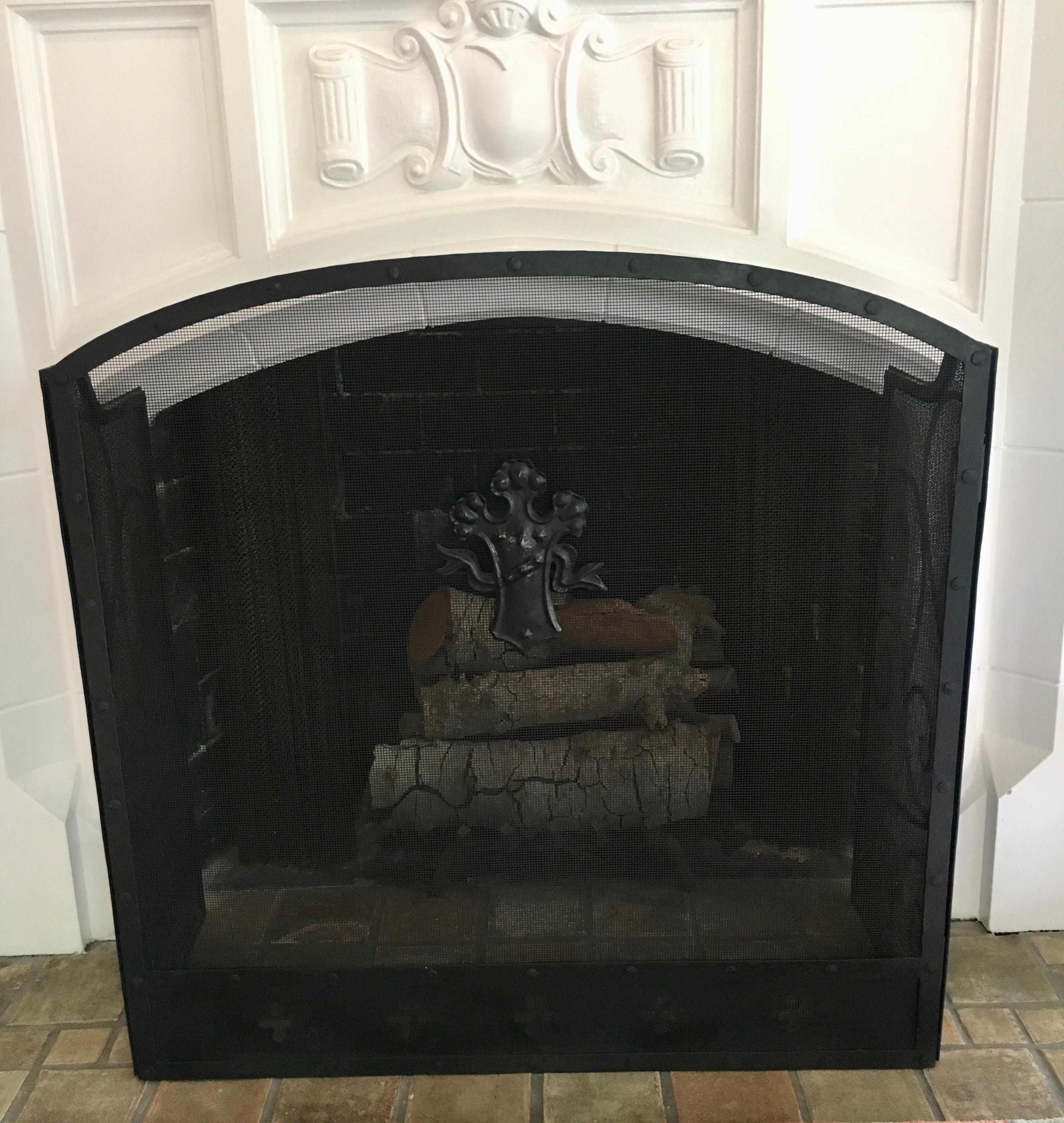 20th Century Black Three-Panel Wrought Iron Folding Fireplace Screen with Scroll Detail