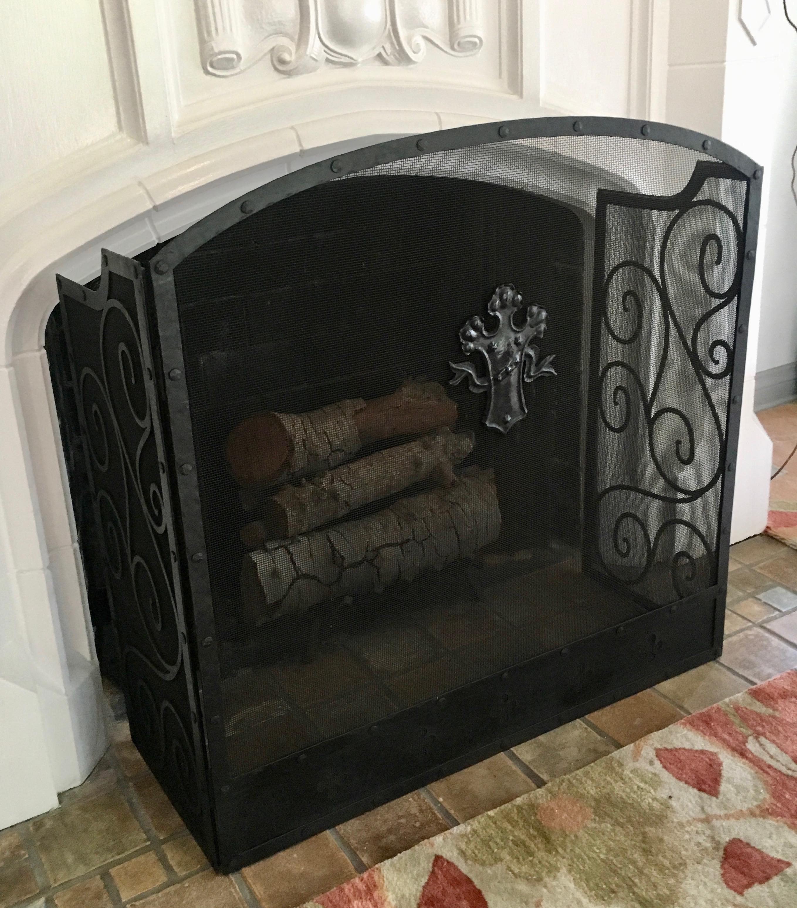 Black Three-Panel Wrought Iron Folding Fireplace Screen with Scroll Detail 1