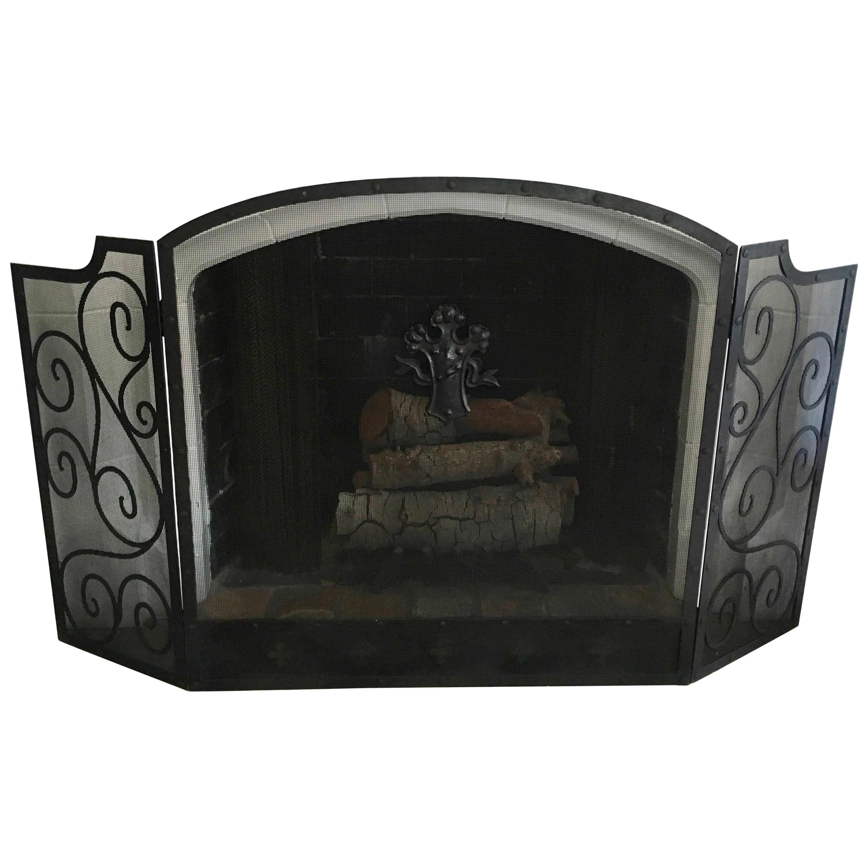 Black Three-Panel Wrought Iron Folding Fireplace Screen with Scroll Detail
