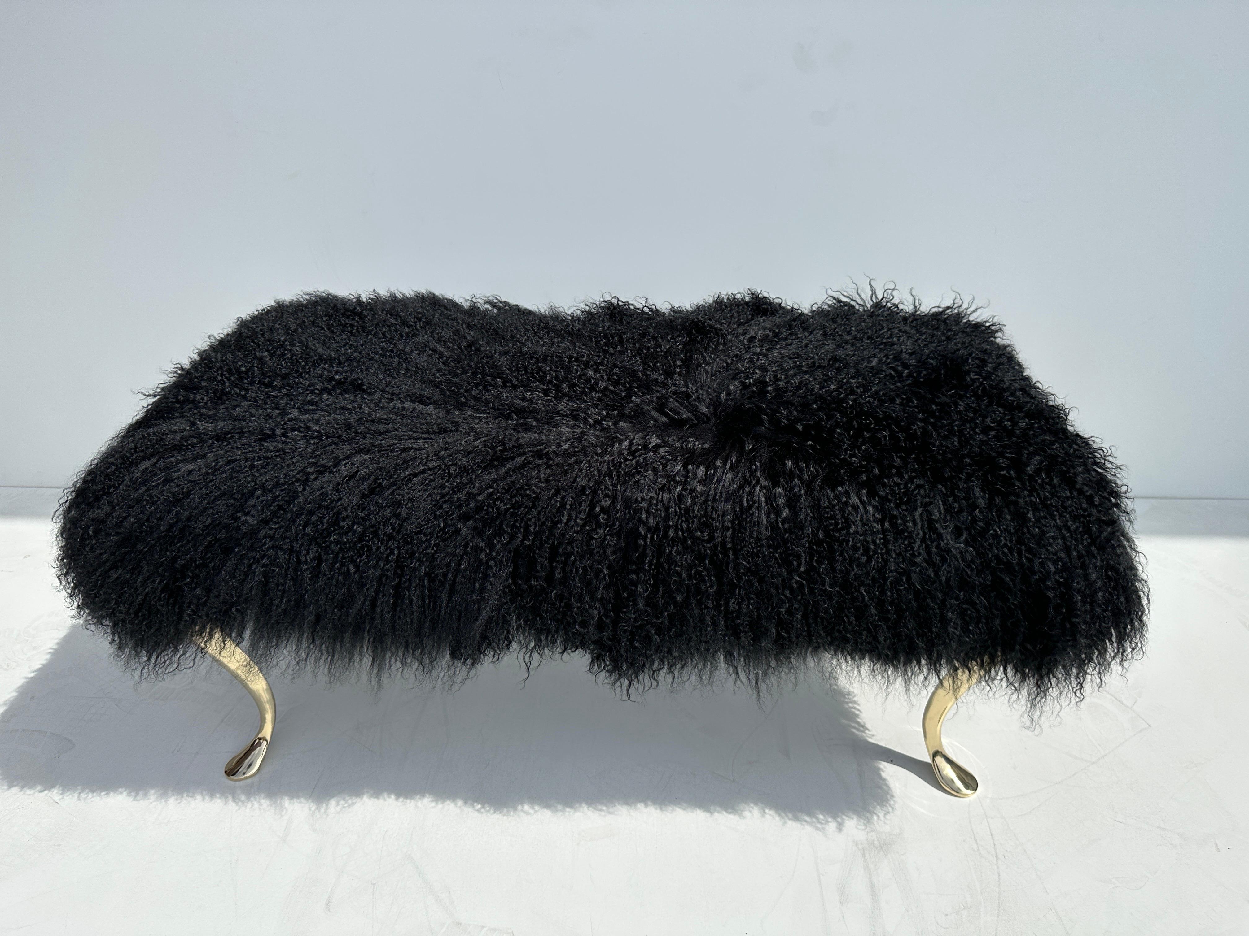 Hollywood Regency Black Tibetan Fur Bench For Sale