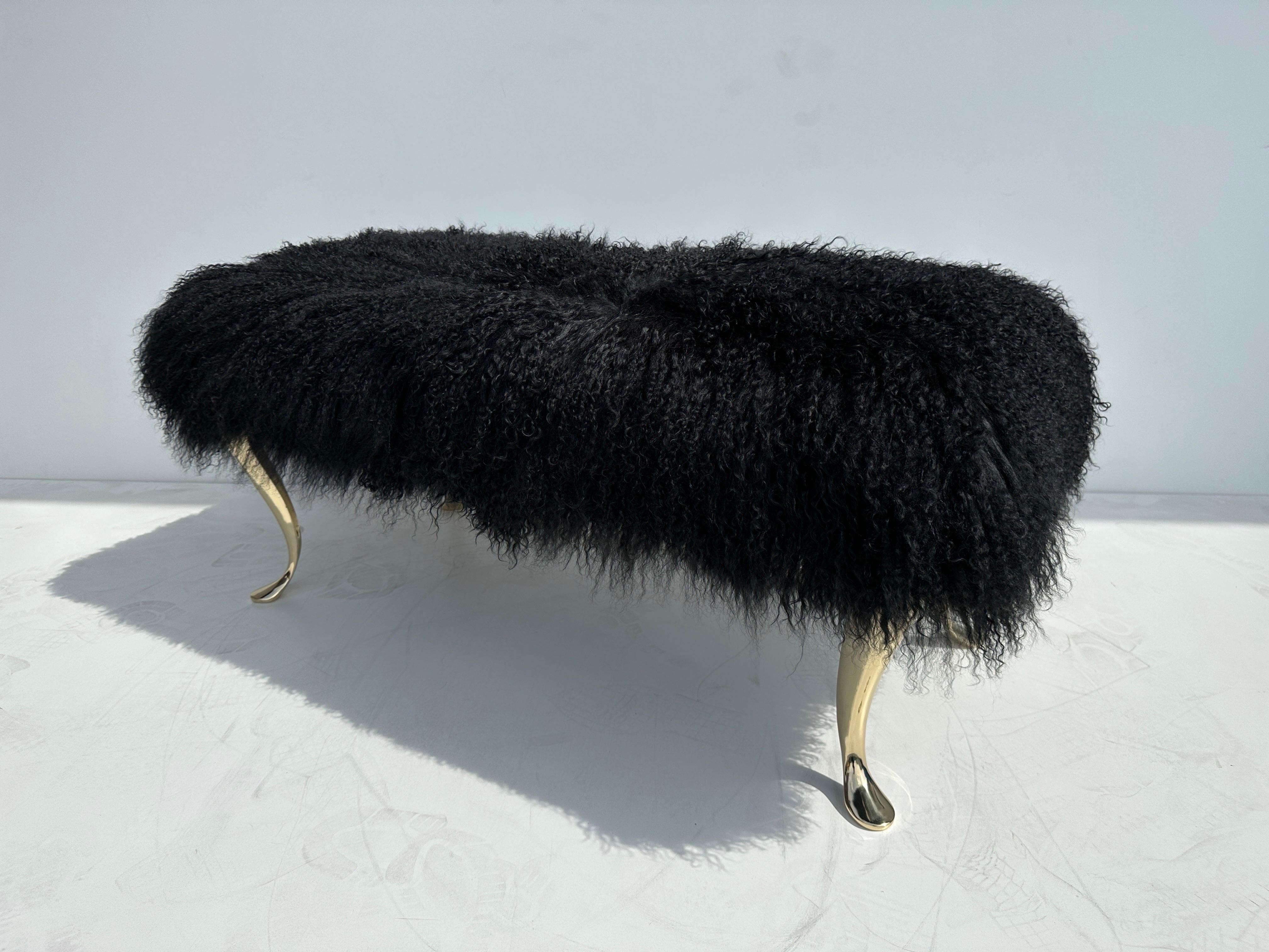 Polished Black Tibetan Fur Bench For Sale
