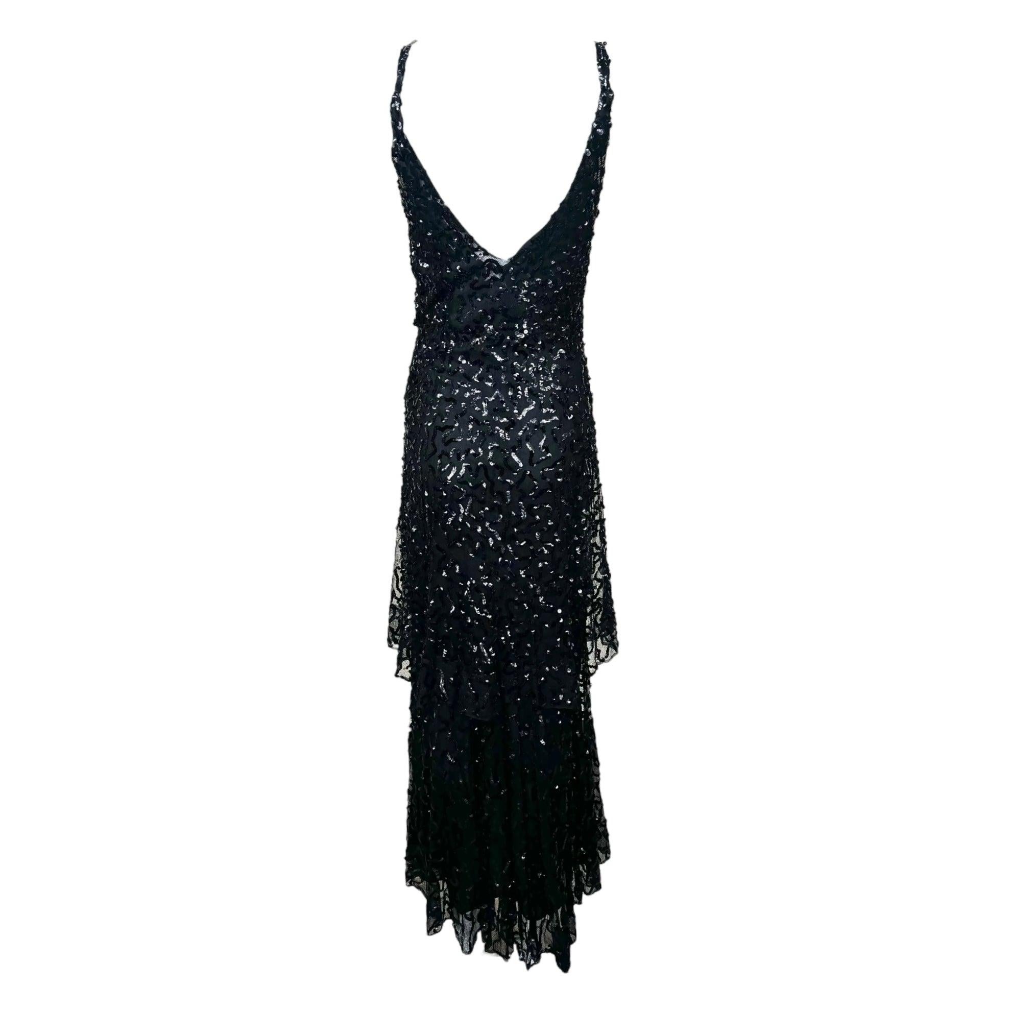 Black Tiered Sequin Evening Gown, 1930s In Excellent Condition For Sale In Los Angeles, CA