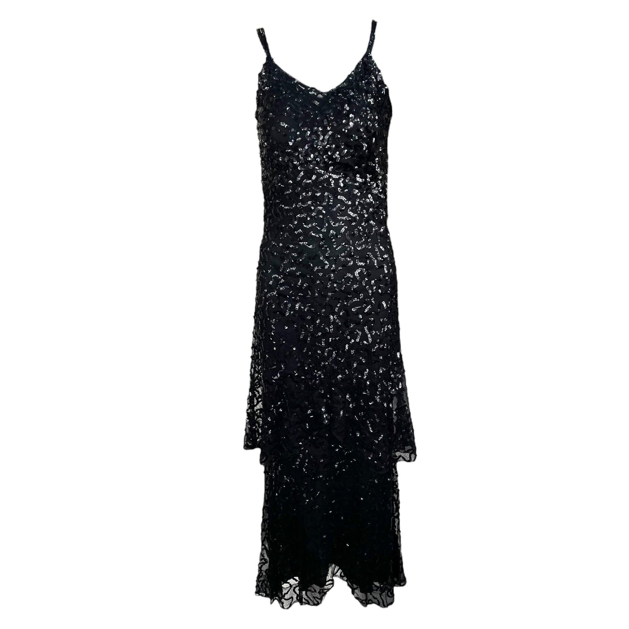 Black Tiered Sequin Evening Gown, 1930s For Sale