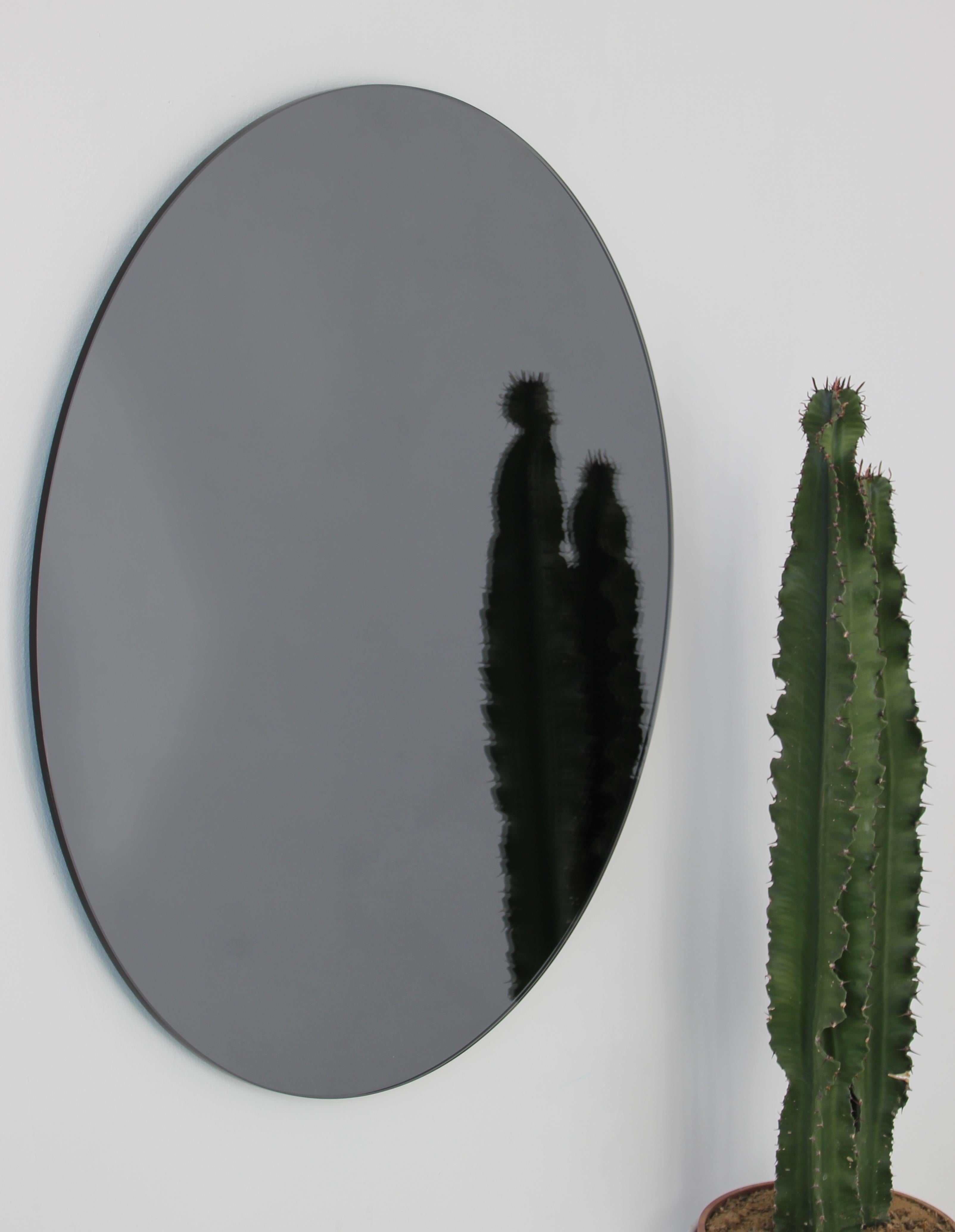 Blackened Orbis Black Tinted Round Frameless Contemporary Mirror, Small For Sale