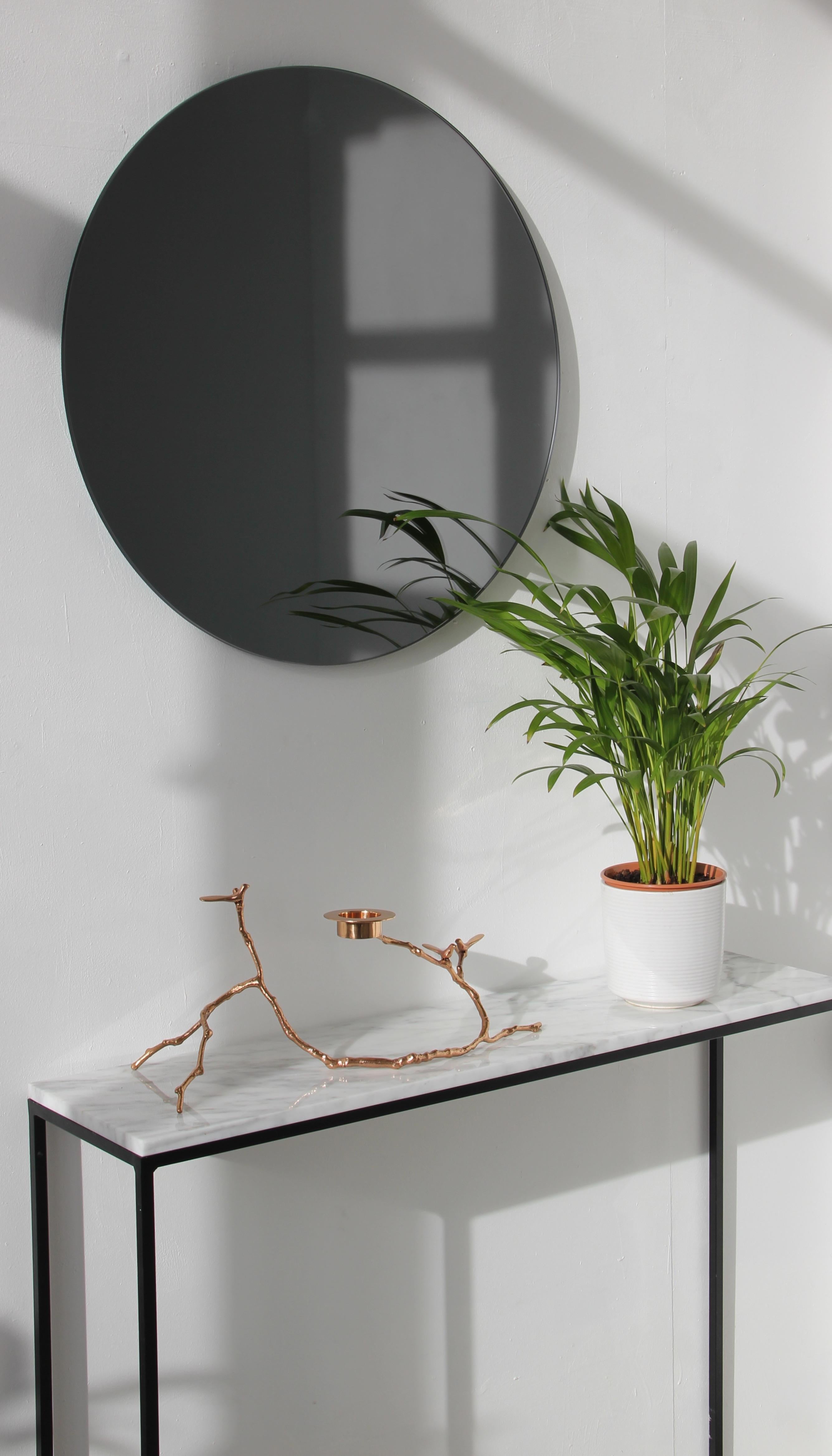 Modern Orbis Black Tinted Round Frameless Contemporary Mirror, Floating Effect Regular For Sale