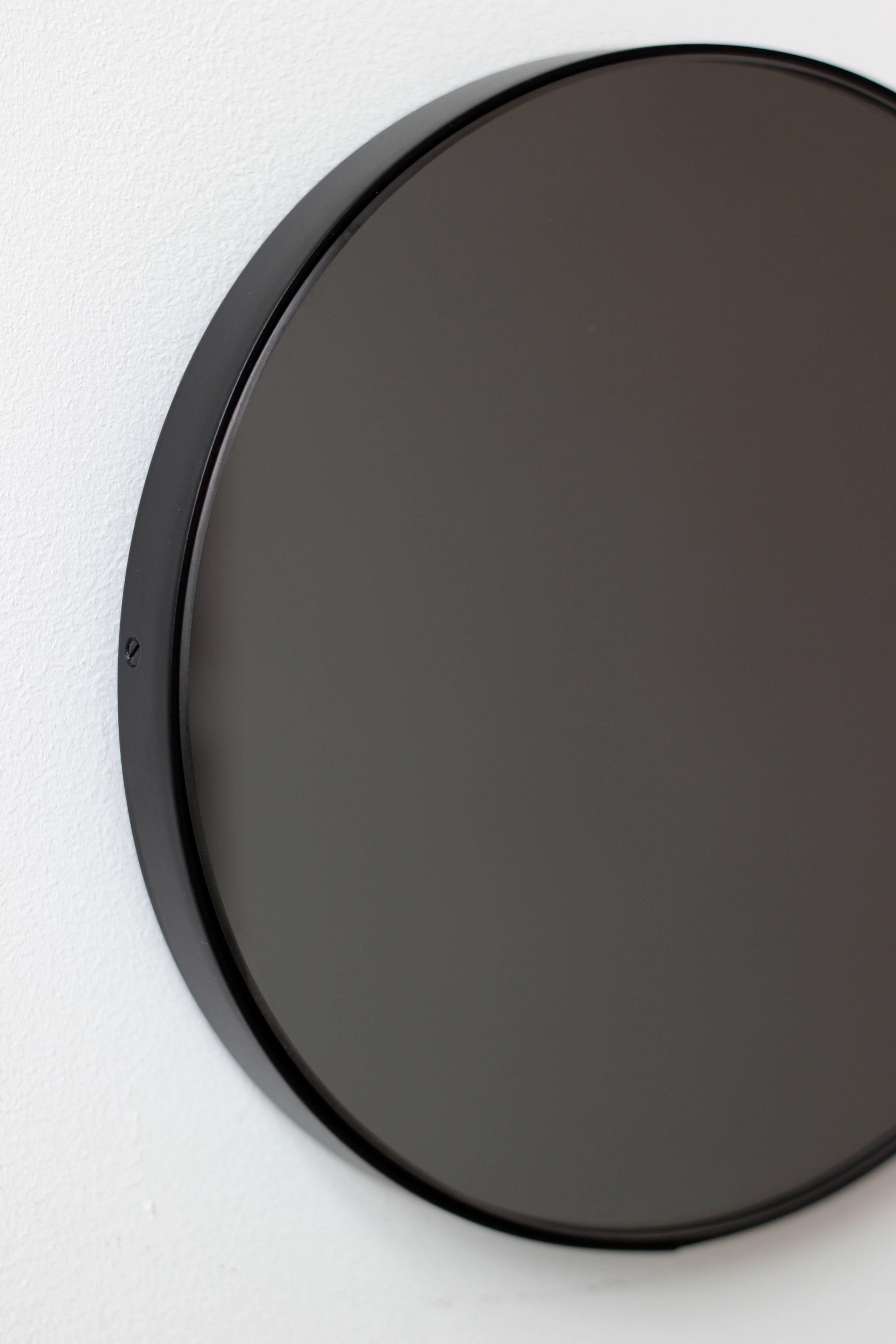 Modern Orbis Black Tinted Round Minimalist Mirror with Black Frame, Customisable, Small For Sale