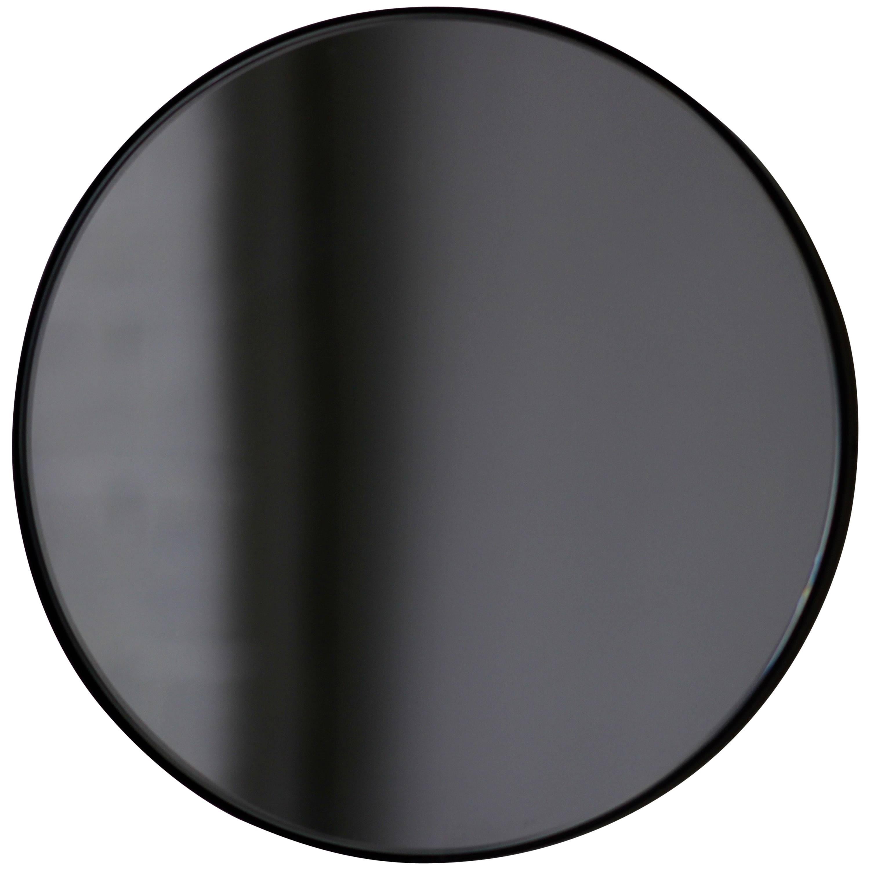 Orbis Black Tinted Round Minimalist Mirror with Black Frame, Customisable, Small For Sale
