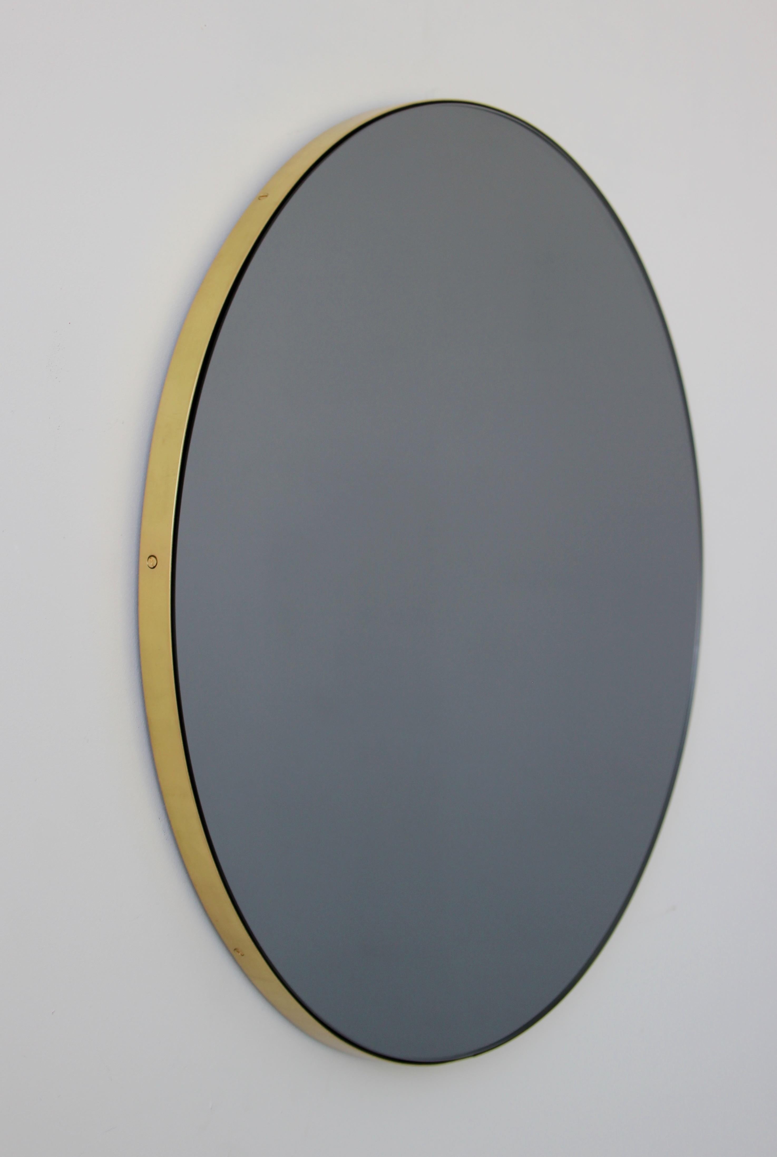 Brushed Orbis Black Tinted Round Contemporary Mirror with a Brass Frame, Small For Sale