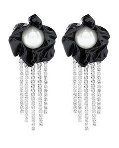 Black Titania White Pearl Crystal Fringe Earrings By Sterling King