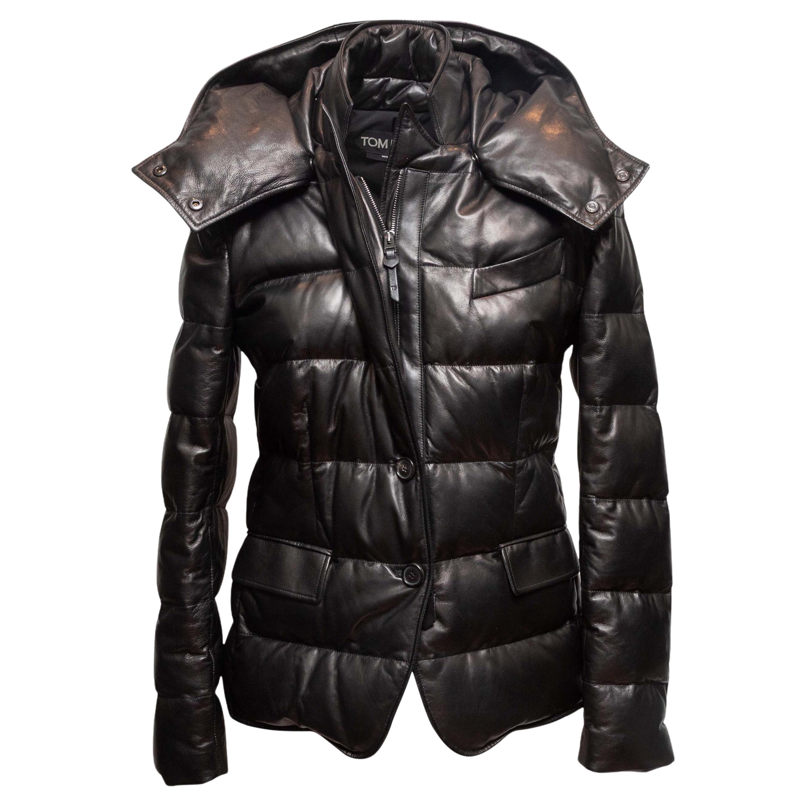 Black Tom Ford Leather Hooded Down Puffer Jacket Size IT 40 For Sale